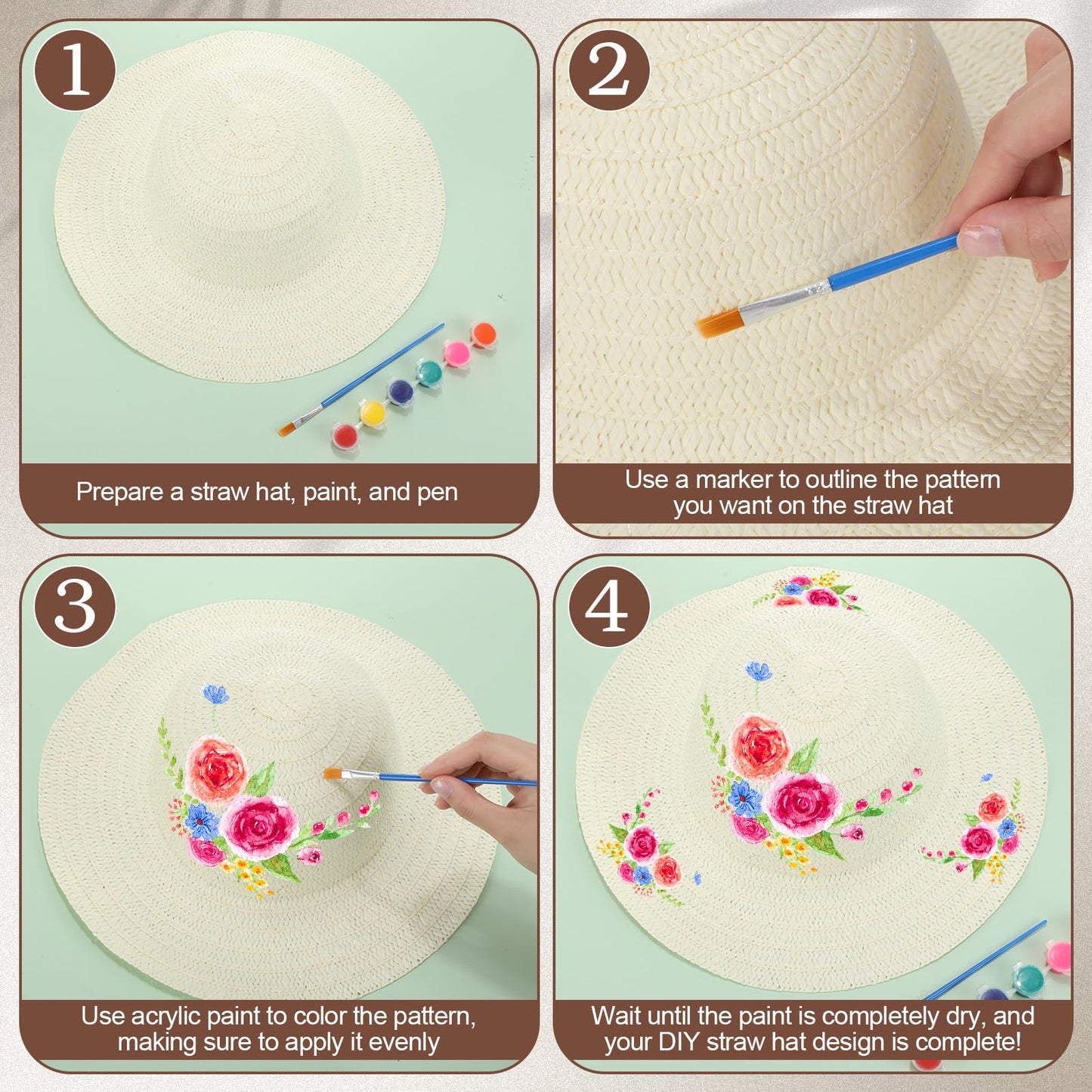 Chicingyou 6 Set DIY Straw Hat Set DIY Tea Party Hats Handmade Cap with Paints Brushes Craft Art Painting Cap Tea Party Supplies Mexican Arts Crafts Gifts for Adults Women Men (Classic Style)