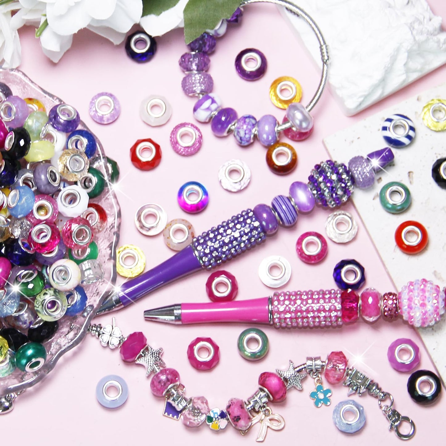 200 Pieces Large Hole Beads Spacer Bead Mixed Assorted European Craft Big Beads Large Hole Lampwork Murano Fairy Wand Garden Bead for DIY Pens Charms Bracelet Necklace Keychain Jewelry Making Supplies