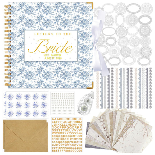 Humyoun Wedding Guest Book Letters to The Bride Scrapbook Wedding Memory Book Bridal DIY Blank Paper Scrapbook Photo Album Guest Sign with Pearl Stickers(12 x 12 Inch,Floral,Blue)