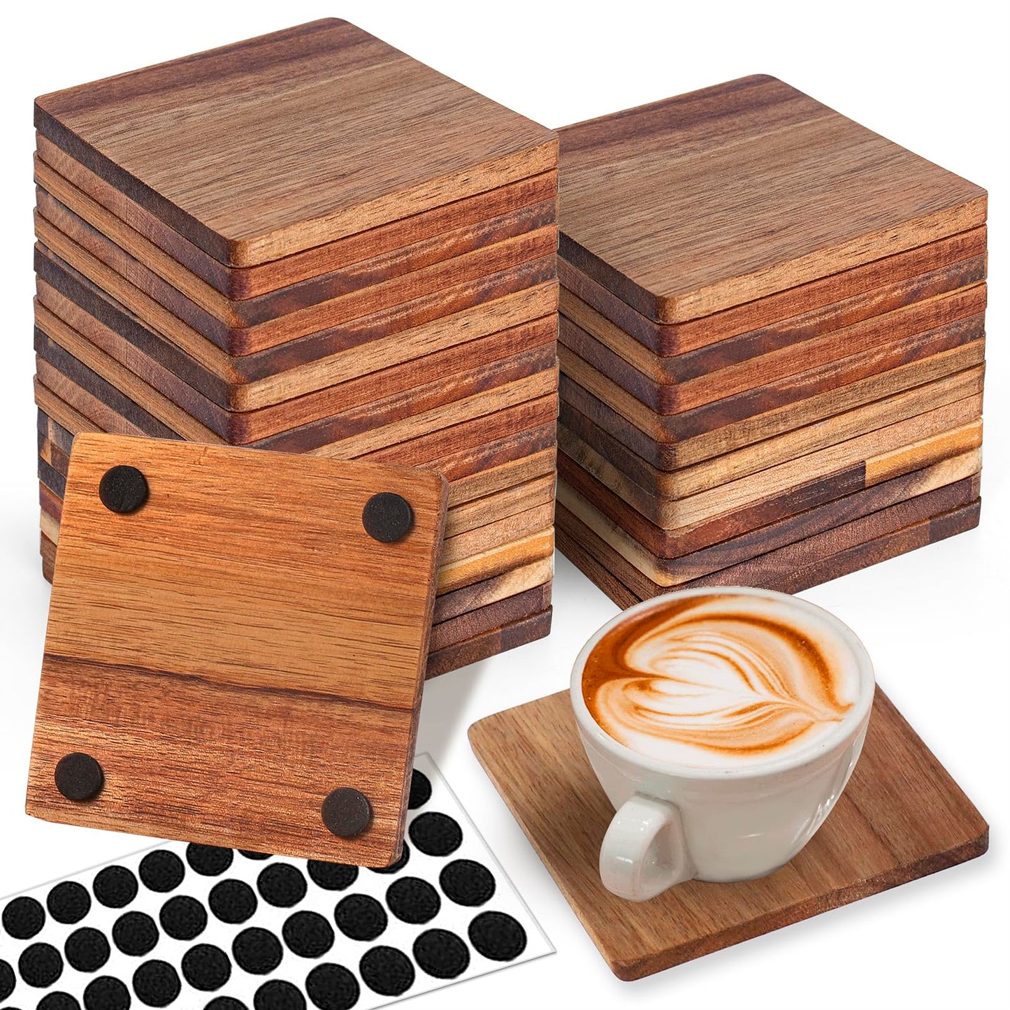32 Pieces Unfinished Wood Coasters, 4 Inch Square Acacia Wooden Coasters for Crafts with Non-Slip Silicon Dots for DIY Stained Painting Wood Engraving Home Decoration