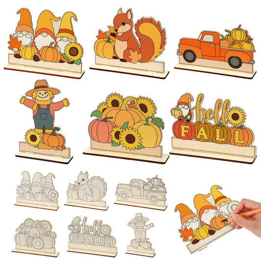 Yousoontic 24 Pcs Wooden Fall Crafts Color Your Own Autumn Table Signs Decorations DIY Hello Fall Gnomes Pumpkin Truck Scarecrow Squirrel Tabletop Centerpieces for Harvest Thanksgiving Decor Supplies