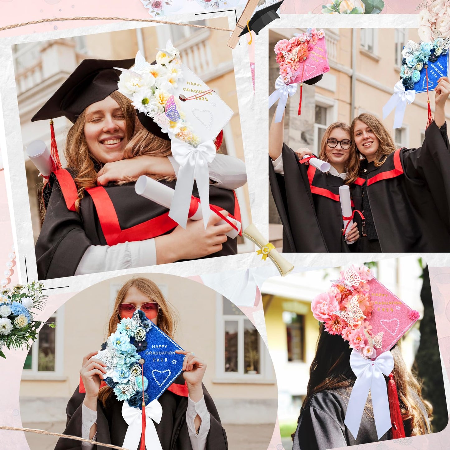 Brikabia Graduation Cap Decorations Kit 2026-39PCS Grad Cap Decorations for Graduation with Faux Flowers, 3D Butterflies, Letter Stickers, Glitter Paper, Satin Hair Bow for DIY Grad Hat Topper