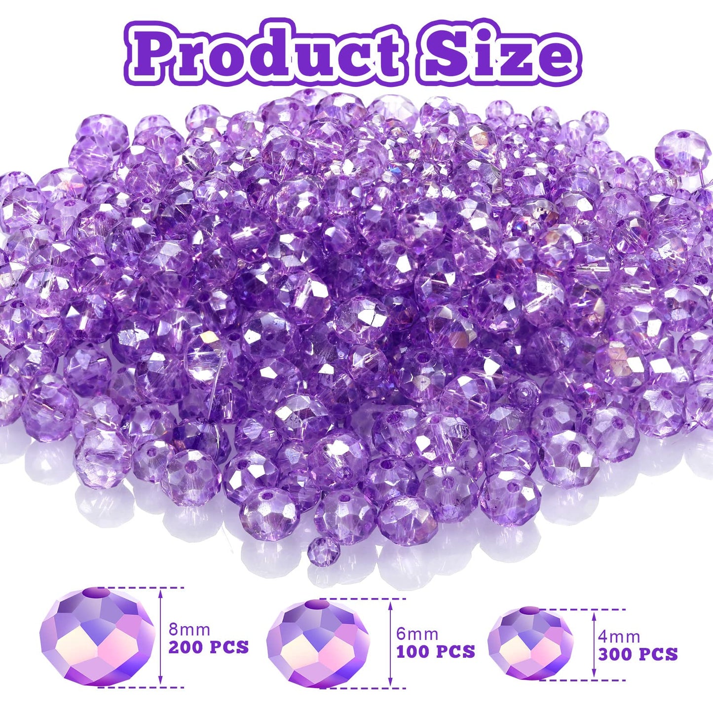 WILLBOND 600 Pcs Crystal Glass Beads for Jewelry Making Bulk Suncatcher Faceted Rondelle Loose Gemstone for Valentine's Day, Irish Holiday, Easter Bracelet DIY Crafts 8mm, 6mm, 4mm(Purple)