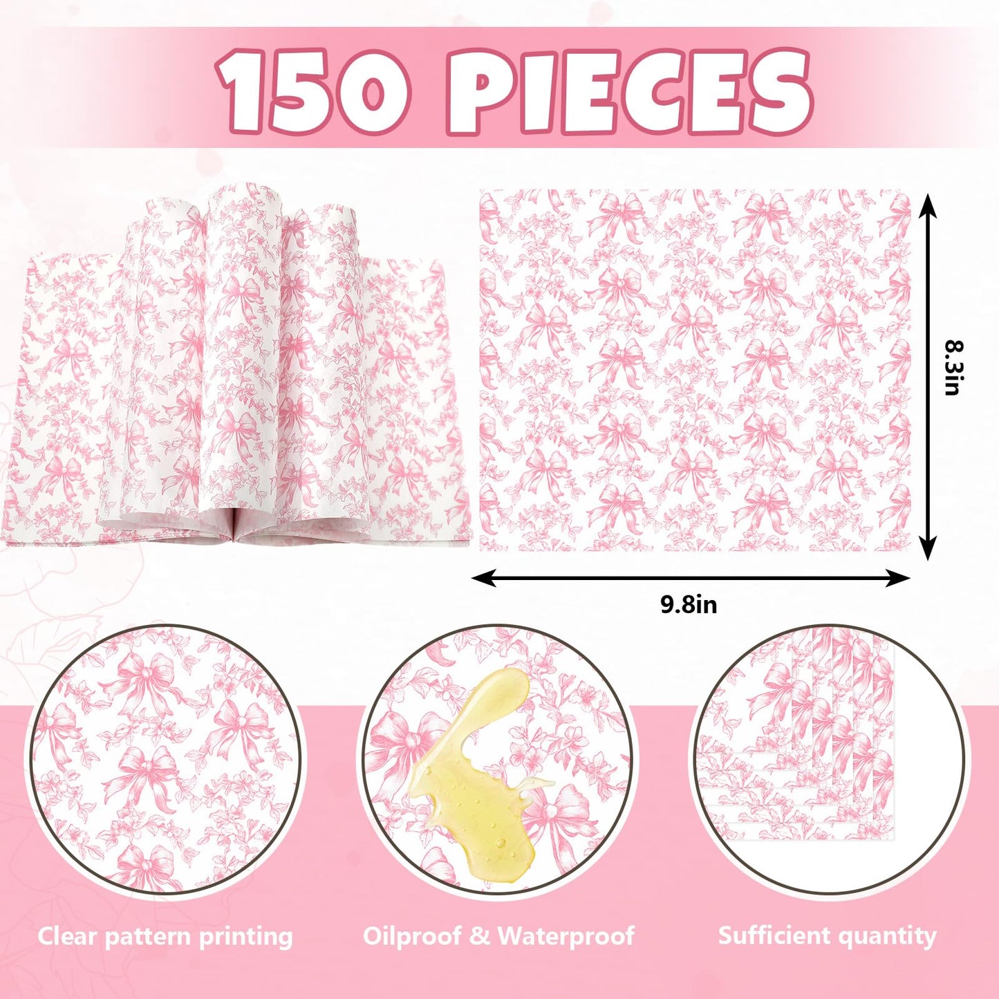 AnyDesign 150Pcs Pink Floral Bow Wax Paper Deli Paper Sandwich Wrap Tissue Vintage Chinoiserie Flower Bow Waterproof Oil-Proof Picnic Liner for Home Party Kitchen, 9.8 x 8.3 Inch