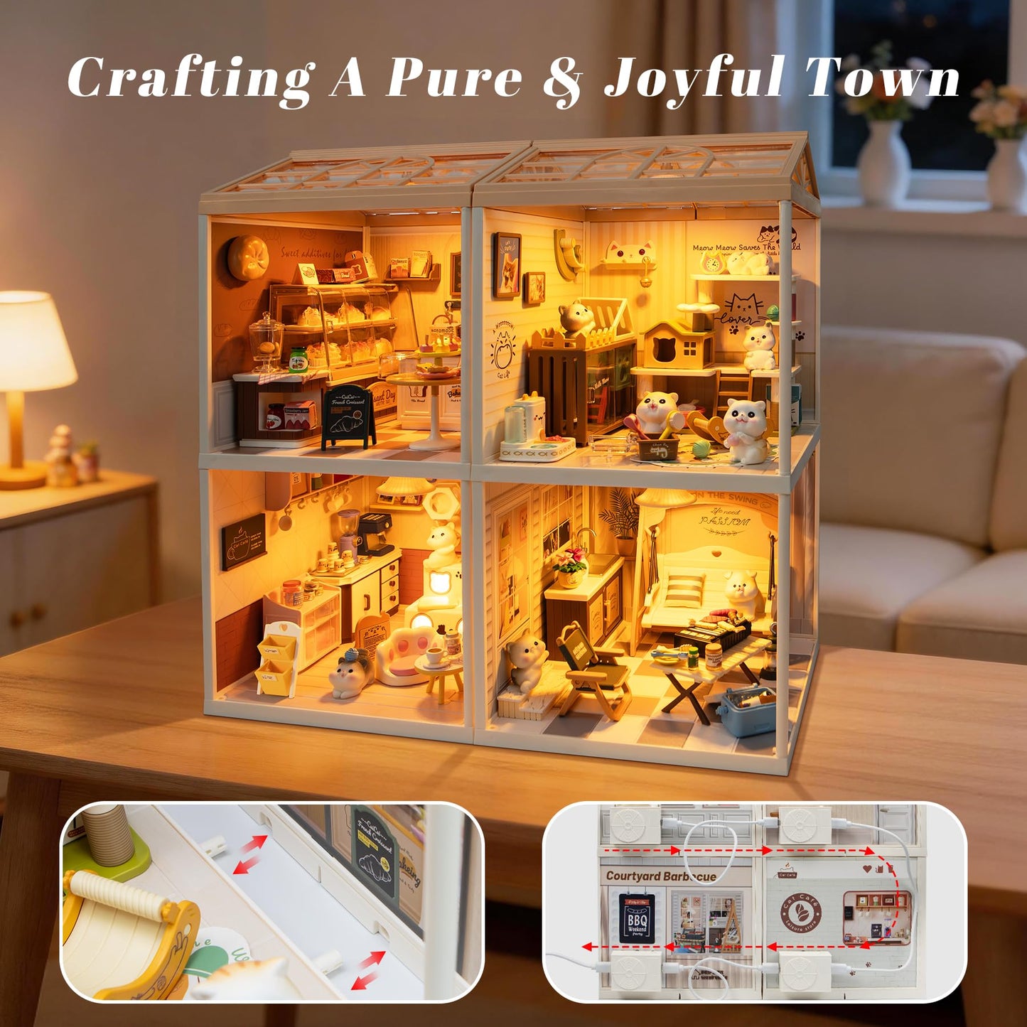 Loyratche DIY Pet Cat Miniature House Kit, Mini Dollhouse with Furniture & LED Light with Roof & Dust Covers Tiny House Toy for Adults