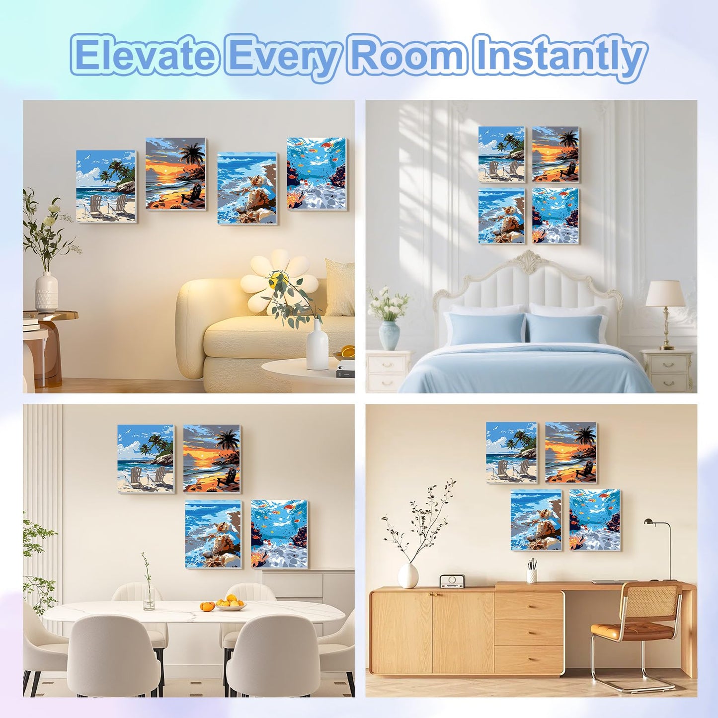 TOSTOG Seascapes 4 Pack Framed Canvas Paint by Numbers Art Kit for Adults and Kids, Beginner Acrylic Oil Painting Supplies with Wooden Frame for Home Wall Decor 20 * 25 cm/8 * 10 in