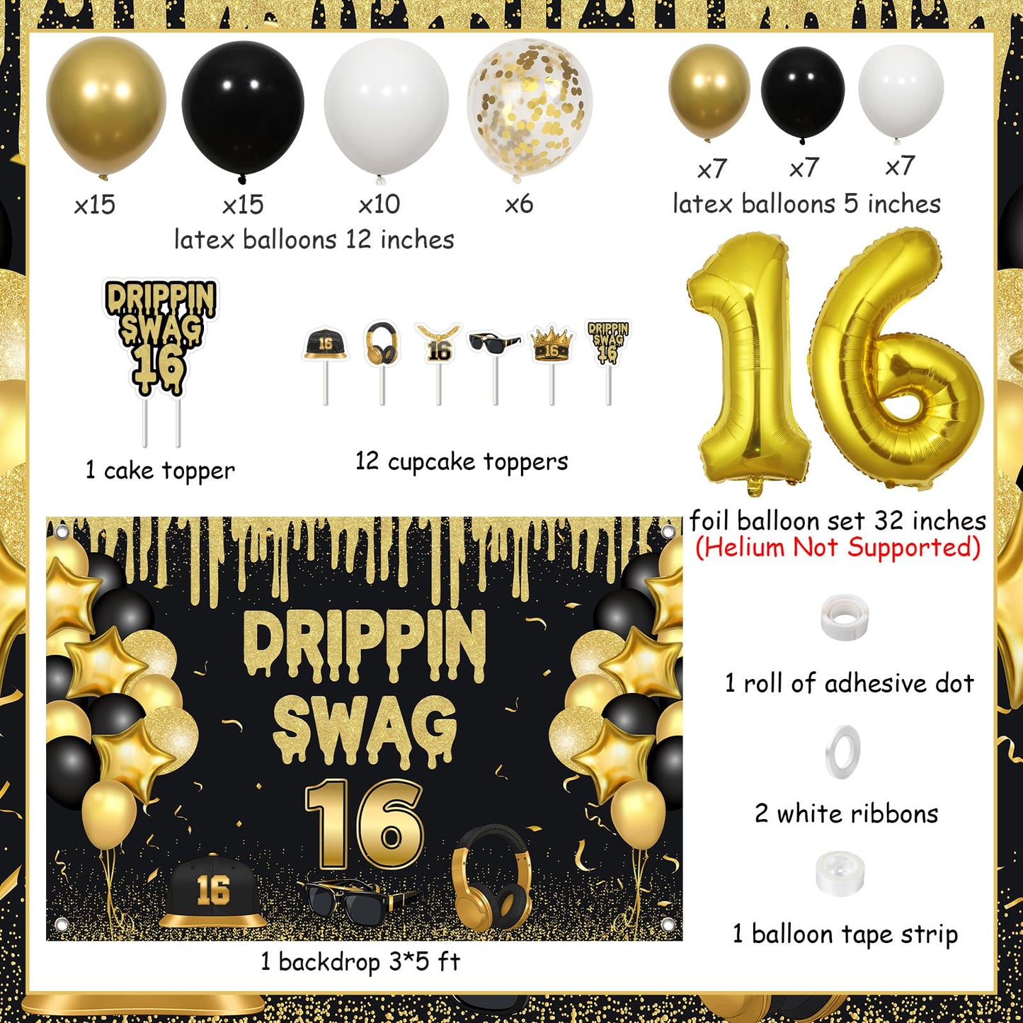 Jollyboom Drippin Swag 16 Birthday Decorations for Boys, Black and Gold 16th Birthday Backdrop Balloon Garland Kit with Banner Cake Topper Cupcake Toppers Number 16 Balloon for Boy Party Photo Wall