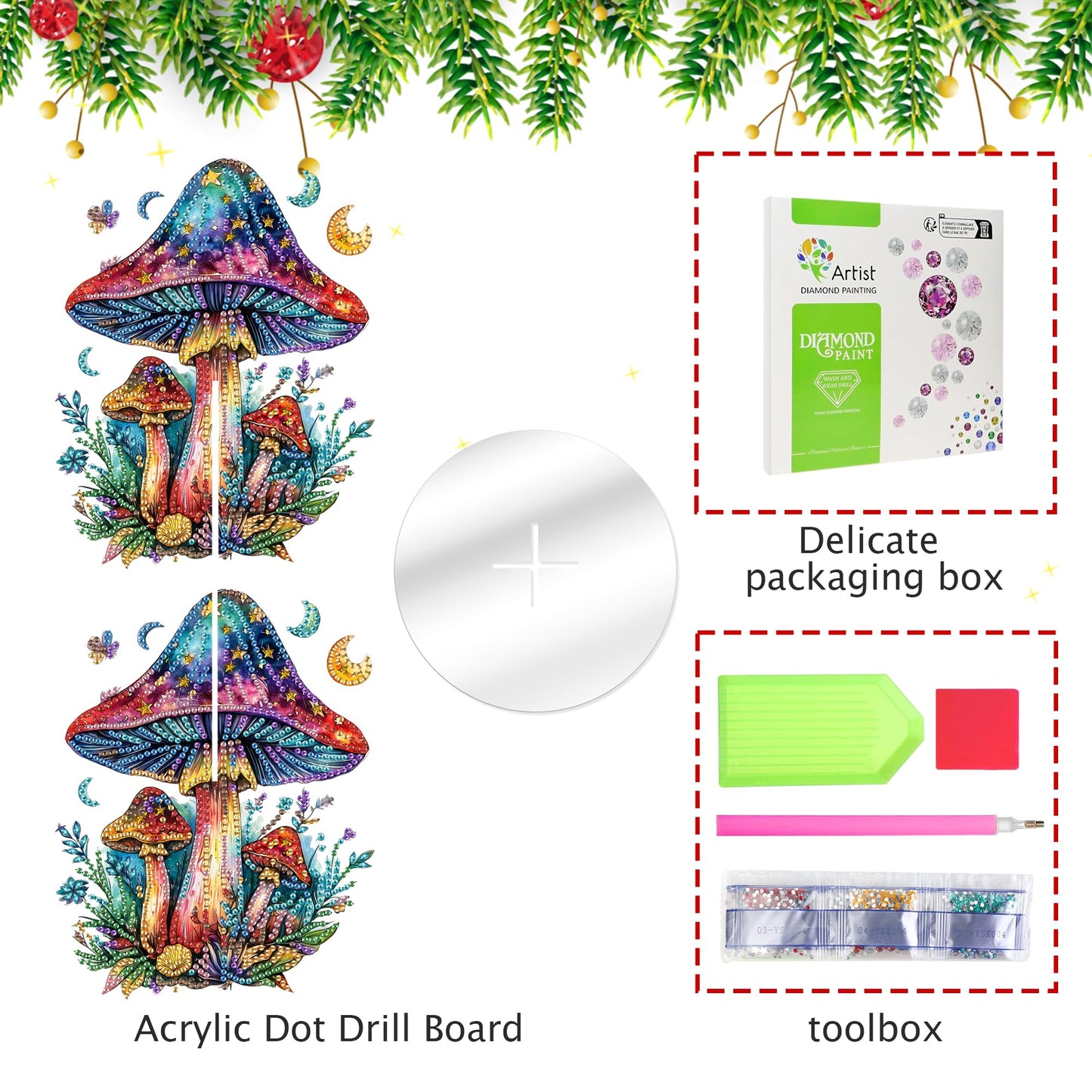 Ginfonr Tabletop Diamond Art Painting Kit, Double Sided Special Shaped Rhinestone Desk Placement Ornament, Mushroom Acrylic Easy-Assemble Home Stand Up 5D Gem Painting Craft Kit, Gift