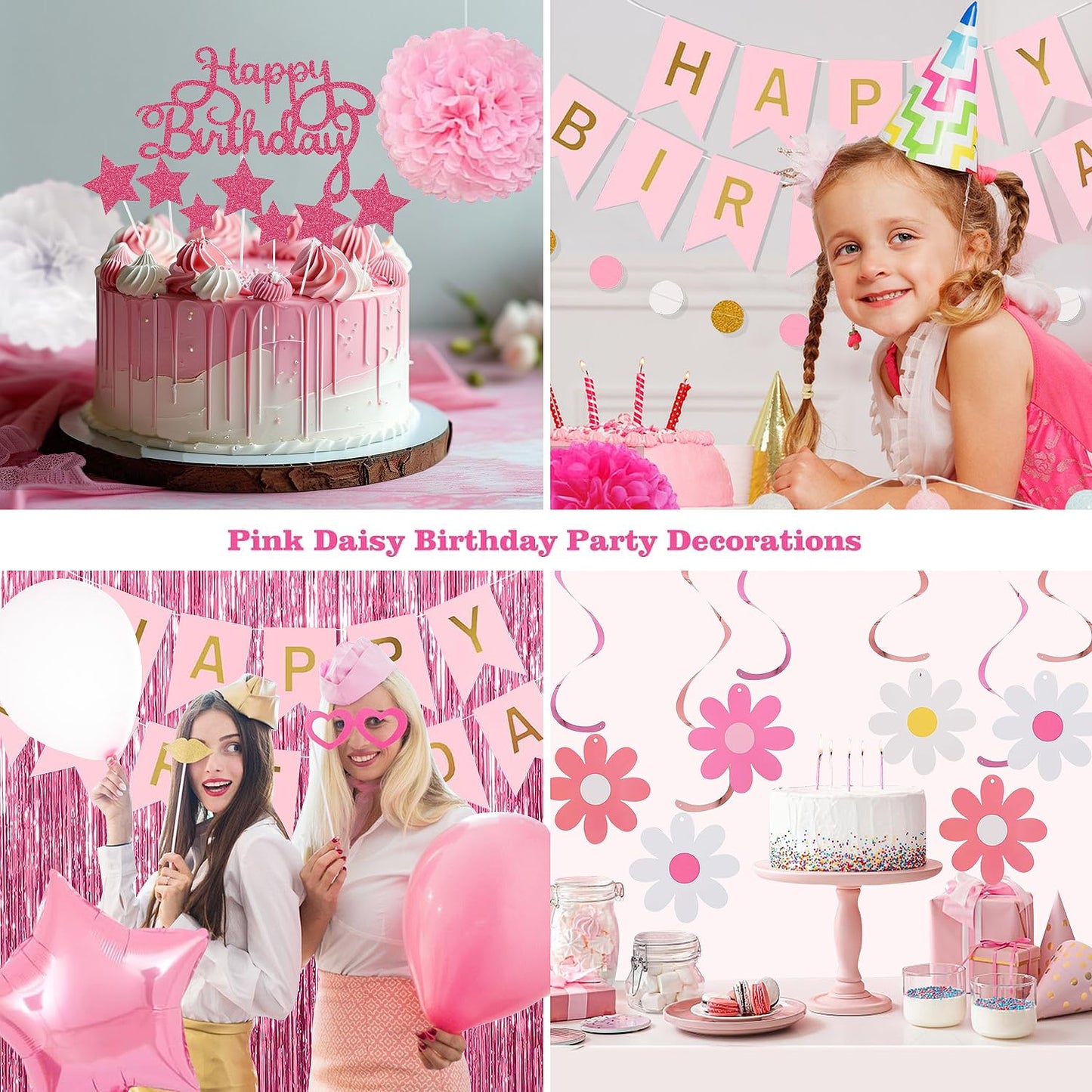 Pink Red Happy Birthday Party Decorations kits for Girls Women with Happy Birthday Banner, Fringe Curtain,Foil Balloons,Tissue Pompoms,Dots Garland,Tassels Garland,Cake Topper for birthday decor(pink)