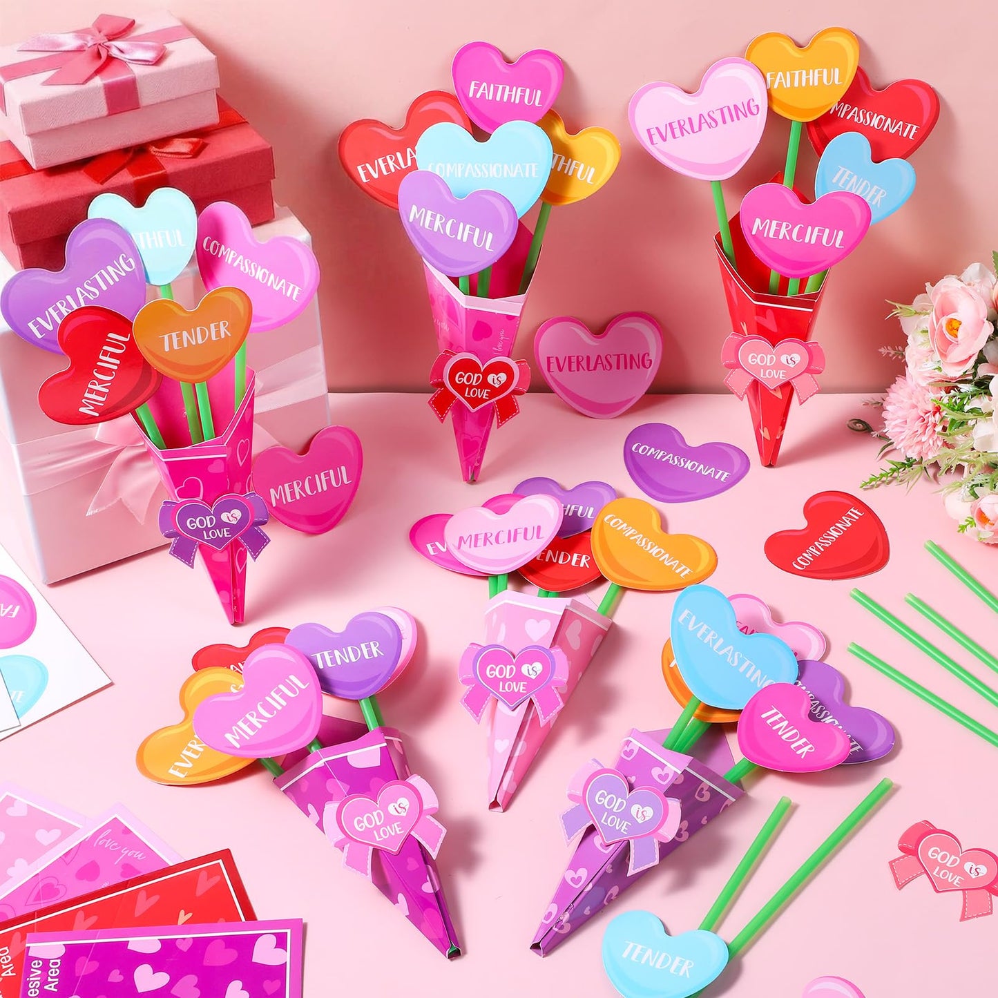 Funrous 48 Set Christian Mother's Day Crafts Kit Heart Sunday School Bible Flower Bouquet Making Kit DIY God is Love Flowers Paper Crafts for Religious Mother's Day Party Activity Gift Project