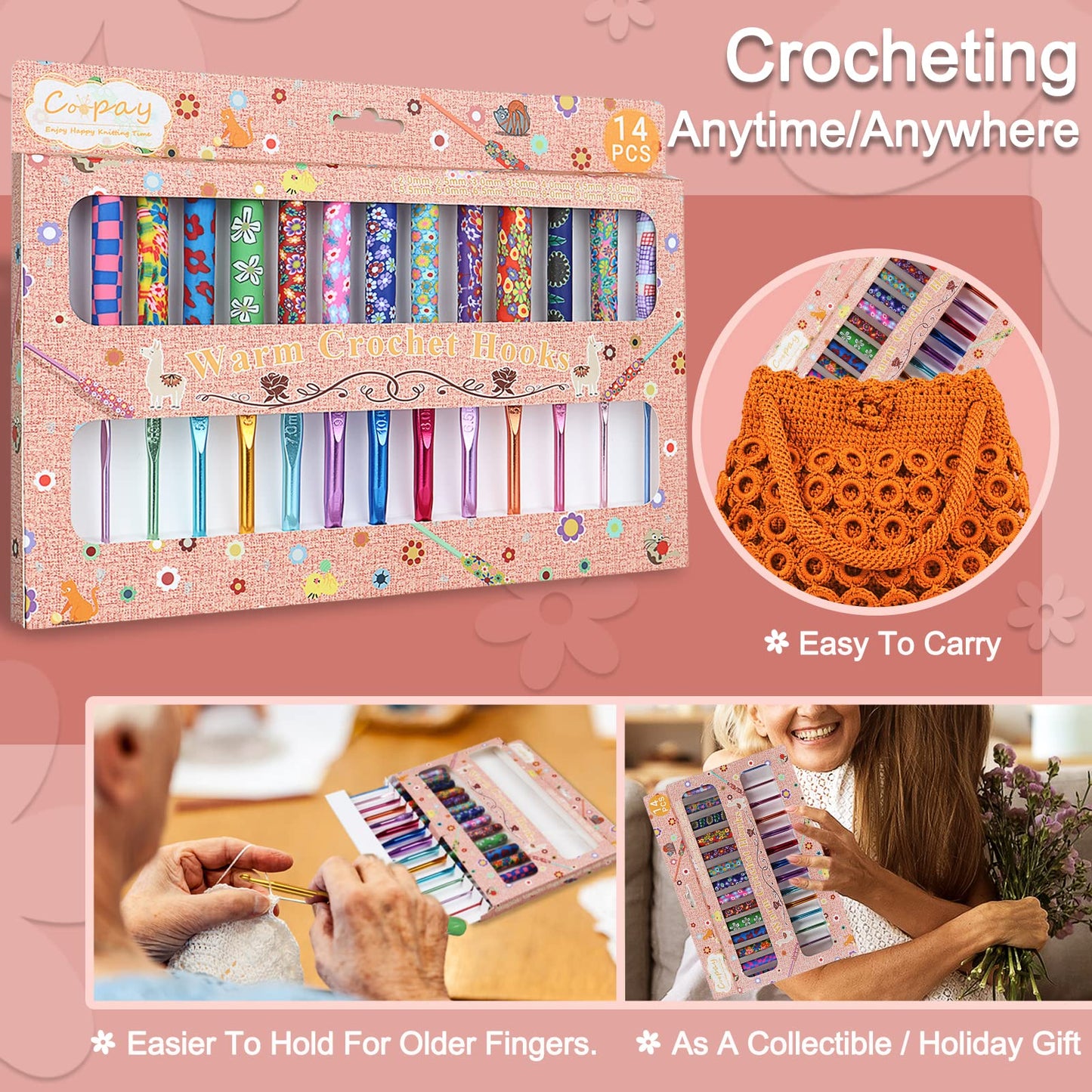 Coopay 14pcs New Warm Crochet Hooks for Beginner Crochet Hook Set, 2mm to 10mm Art Aluminum Comfy Grip Crocheting Needle Knitting Supplies Christmas Crocheting Gifts for Crocheters, Best Gift