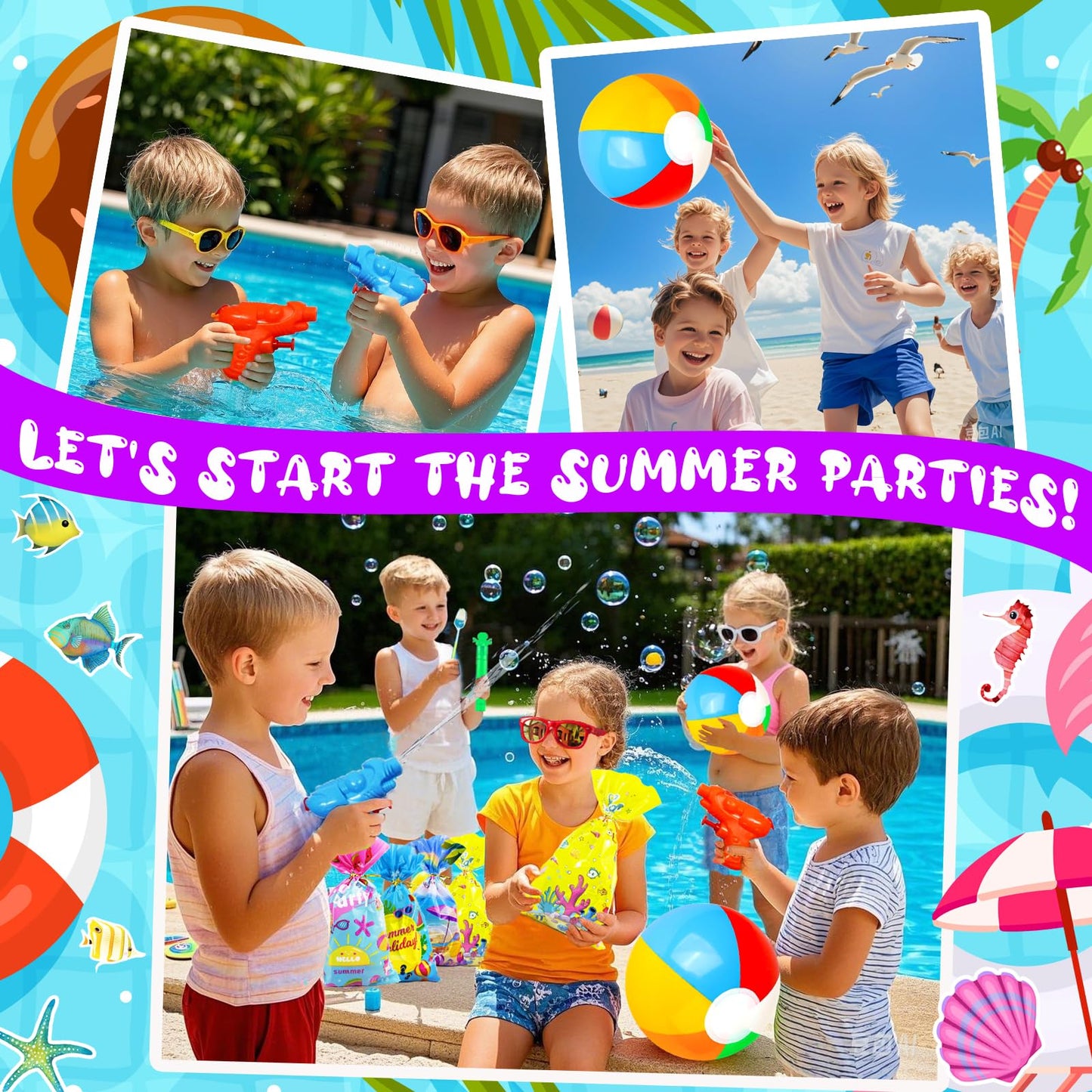 Pool Party Favors and Beach Party Favors,158PCS Summer Pool Toys for Kids, Undersea theme decoration, Including Beach Balls, Sunglasses, Bubble Wands, Stamp and Crystal Shells for Kids Ages 4-8 8-12