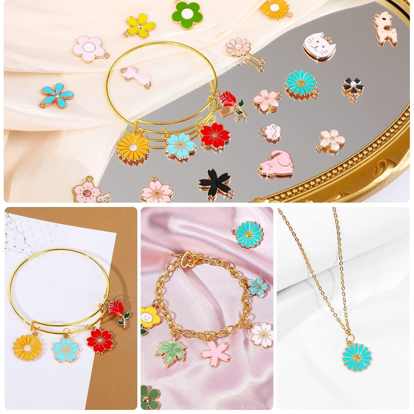 MARFOREVER 120 Pcs Spring Summer Floral Themed Charms, Flower Charms for Jewelry Making, Assorted Gold Enamel Charm Pendants for DIY Necklace Bracelet Earrings Supplies Gifts for Mom Women