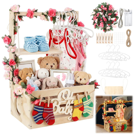 Wooden Baby Shower Crate Closet, Personalized Baby Gift Basket with Adjustable Handle, Include String Lights, Garland, 6 Hangers & 6 Clips - Unique Newborn Gift for Boys & Girls, Baptism,Birthday