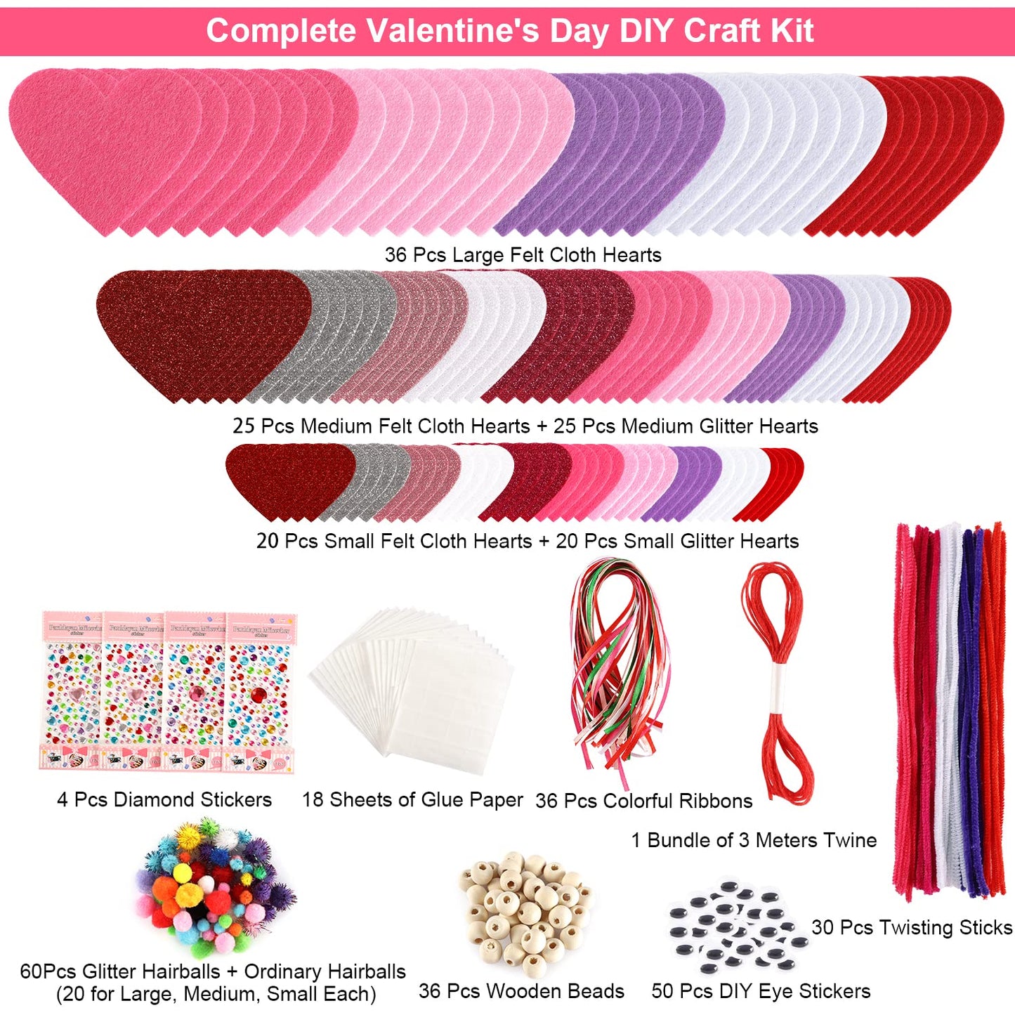 Valentine's Day Crafts for Kids - 361PCS DIY Heart Craft Set for School Gift, 108 Hearts, 50 Googly Eyes, 60 Pom Poms, 36 Wooden Beads, Craft Supplies for Party Favor Decoration