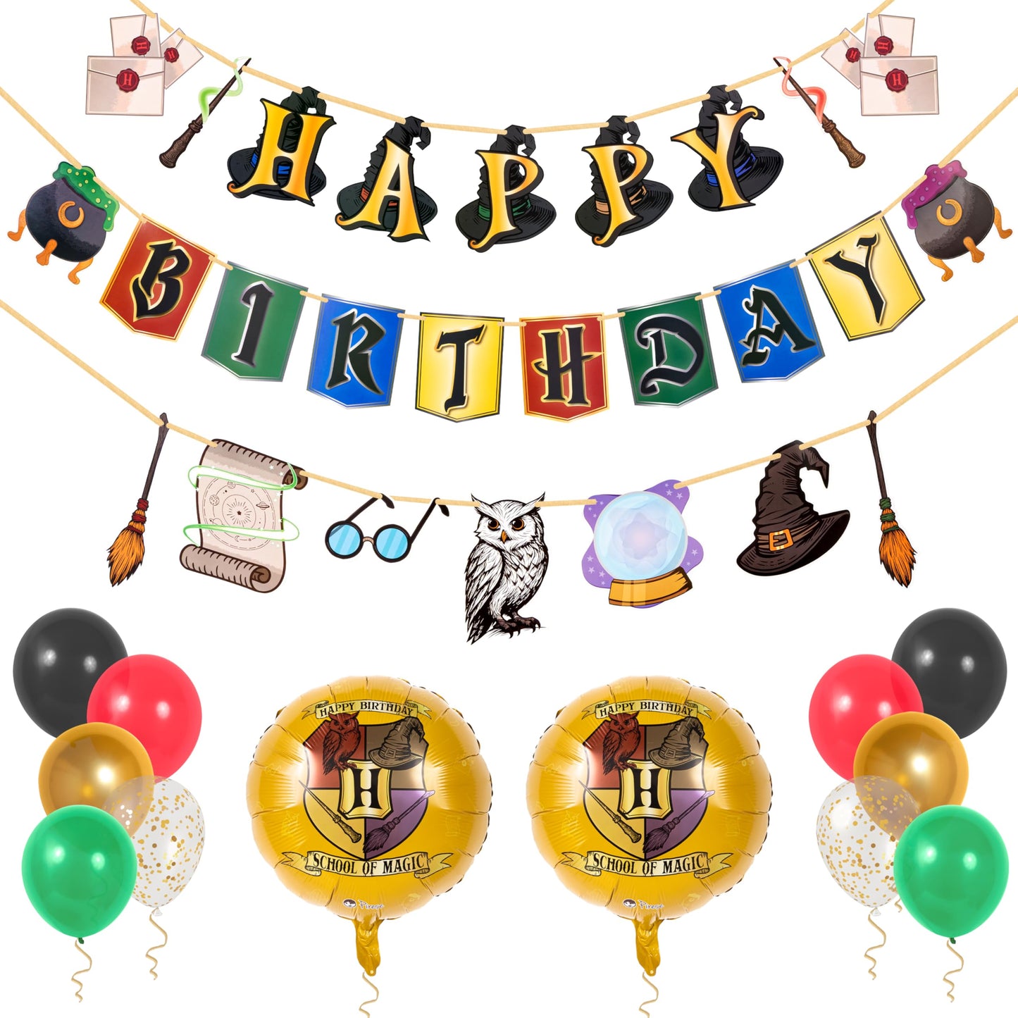 Pirese Wizard Birthday Decorations, Magical Happy Birthday Banner with Balloons, Pre-Strung Party Supplies, Gold Confetti Balloons & Unique Pirese Foil Balloon, Magical Decor for Kids & Adults