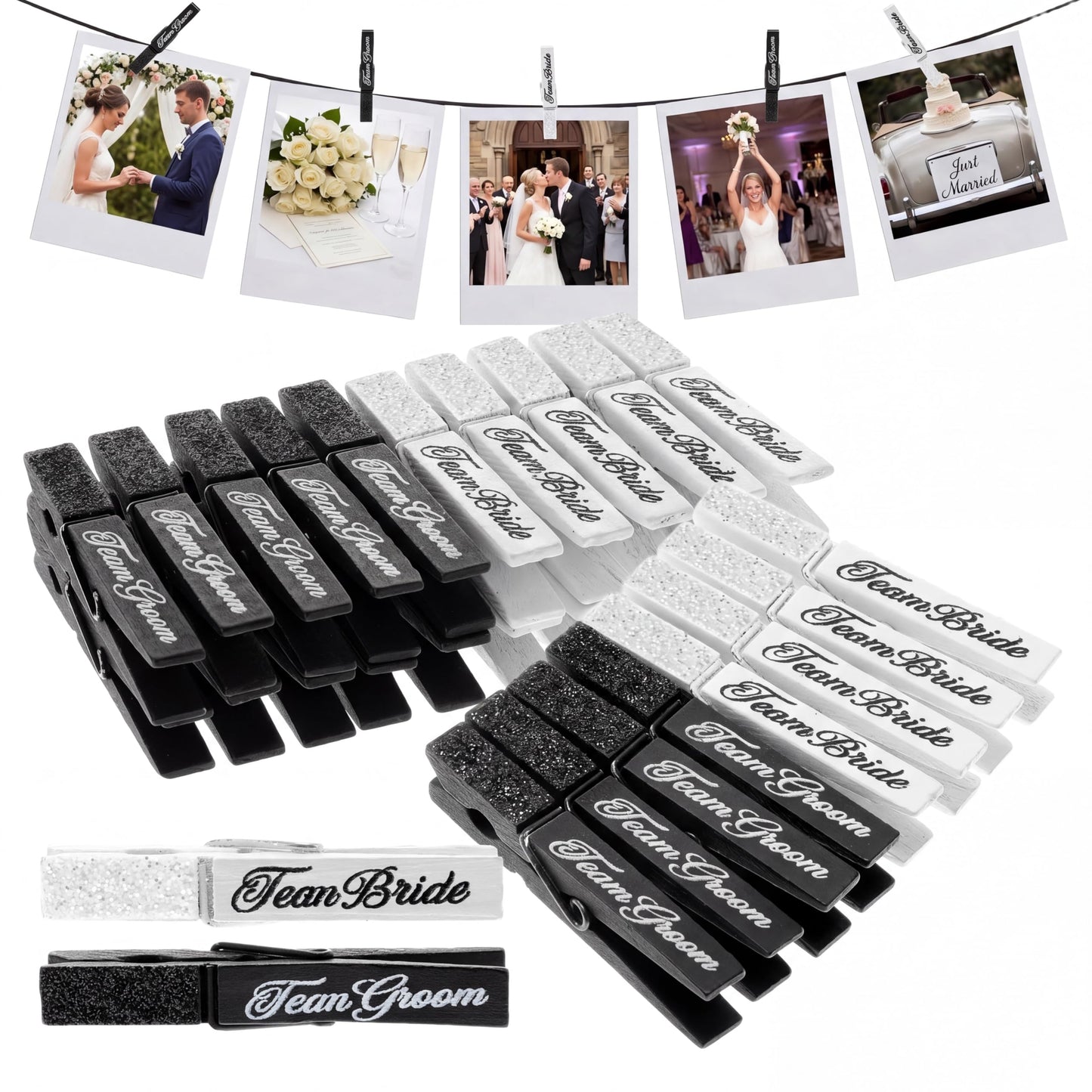 Tinlade 30 Pcs Wedding Game Party Favor Team Bride & Groom Set Glitter Black White Clothes Pins for Guest Wedding Wall Hanging Picture Clip Decor for Bridal Shower Bachelorette Send off Party Supplies