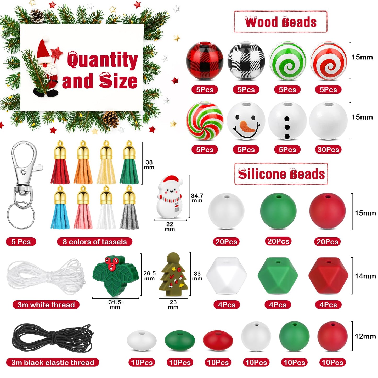 Lucomb 217 PCS Christmas Silicone Beads Bulk 15mm Silicone Beads Xmas Christmas Wooden Beads C y Cane Wood Beads Loose Rubber Beads Abacus Focal Beads Keychain Necklace Making Pens Crafts Ornament