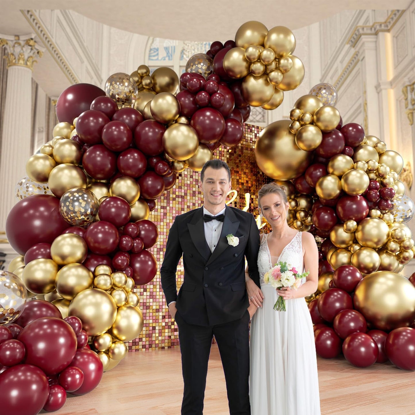 Burgundy Balloon Arch Garland Kit with Burgundy Maroon Gold Confetti Balloons for Birthday Graduation Bridal Shower Party Decorations