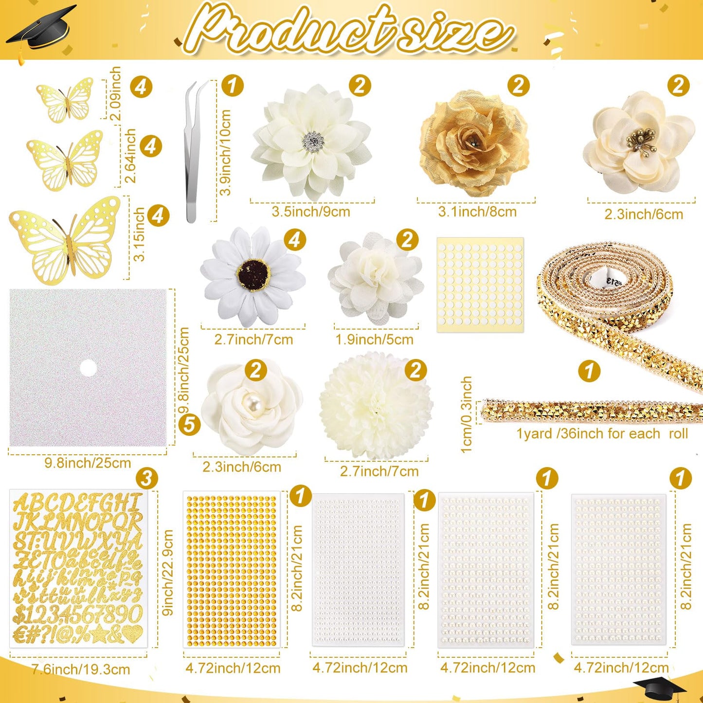 Wavwavw 43 PCS DIY Graduation Cap Decorations Kit, Grad Cap Decorations Included Faux Flowers 3D Butterfly Self Adhesive Rhinestones Stickers Alphabet Letter Stickers for 2026 Grad Party(White)