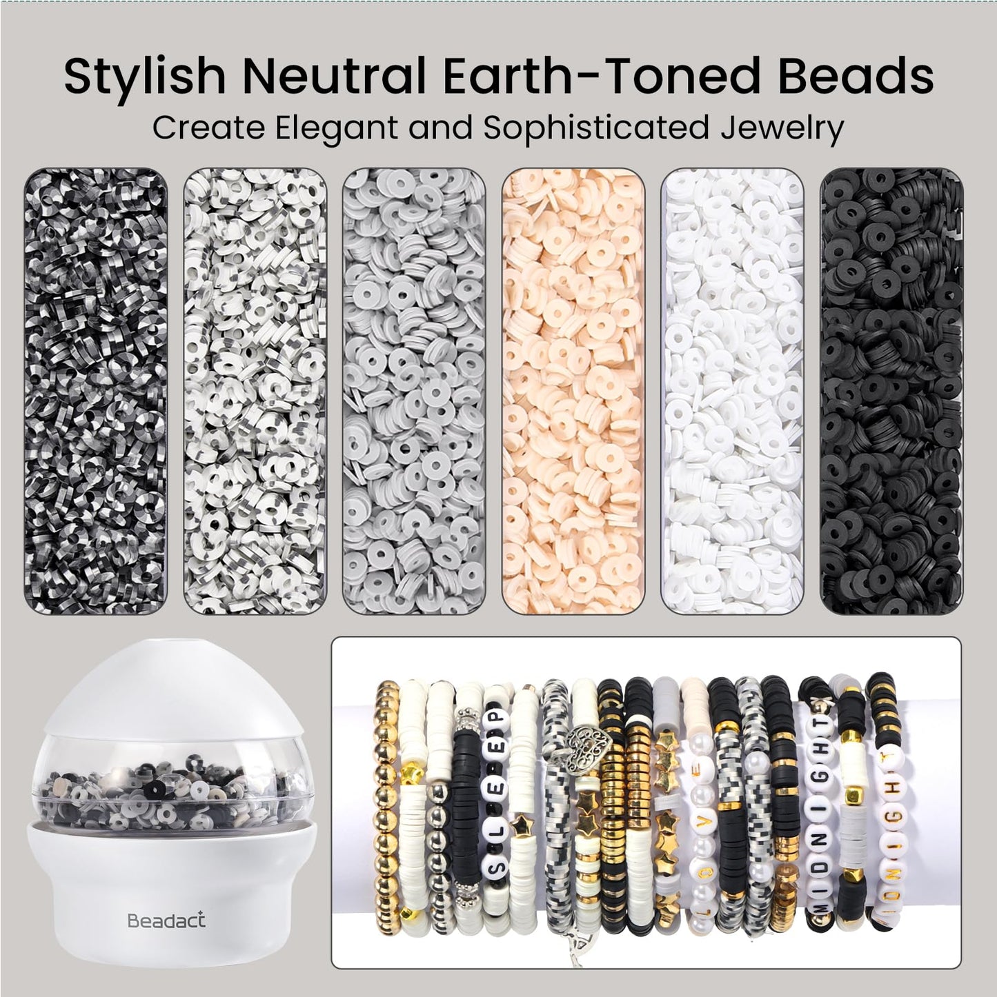 Beadact Clay Bead Spinner for Jewelry Making Kit, 8116PCS Black White Gold Beads with Bracelet Spinner, Friendship Bracelet Maker for DIY Crafts with Spacer Bead and Charm, Gift for Craft Lover&Adult