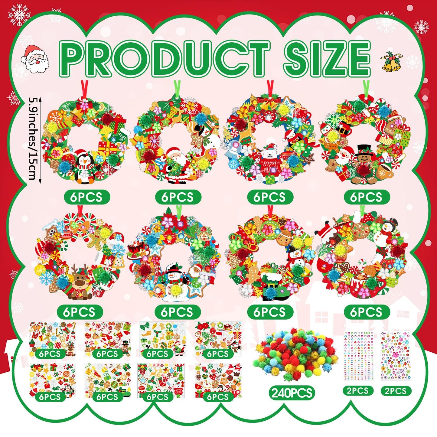 Hollowfly 48 Sets Christmas Wreath Craft Kits for DIY Santa Claus Wreath Hanging Ornaments Make Your Own Paper Xmas Craft with Stickers for Christmas Party Favors School Classroom Activities