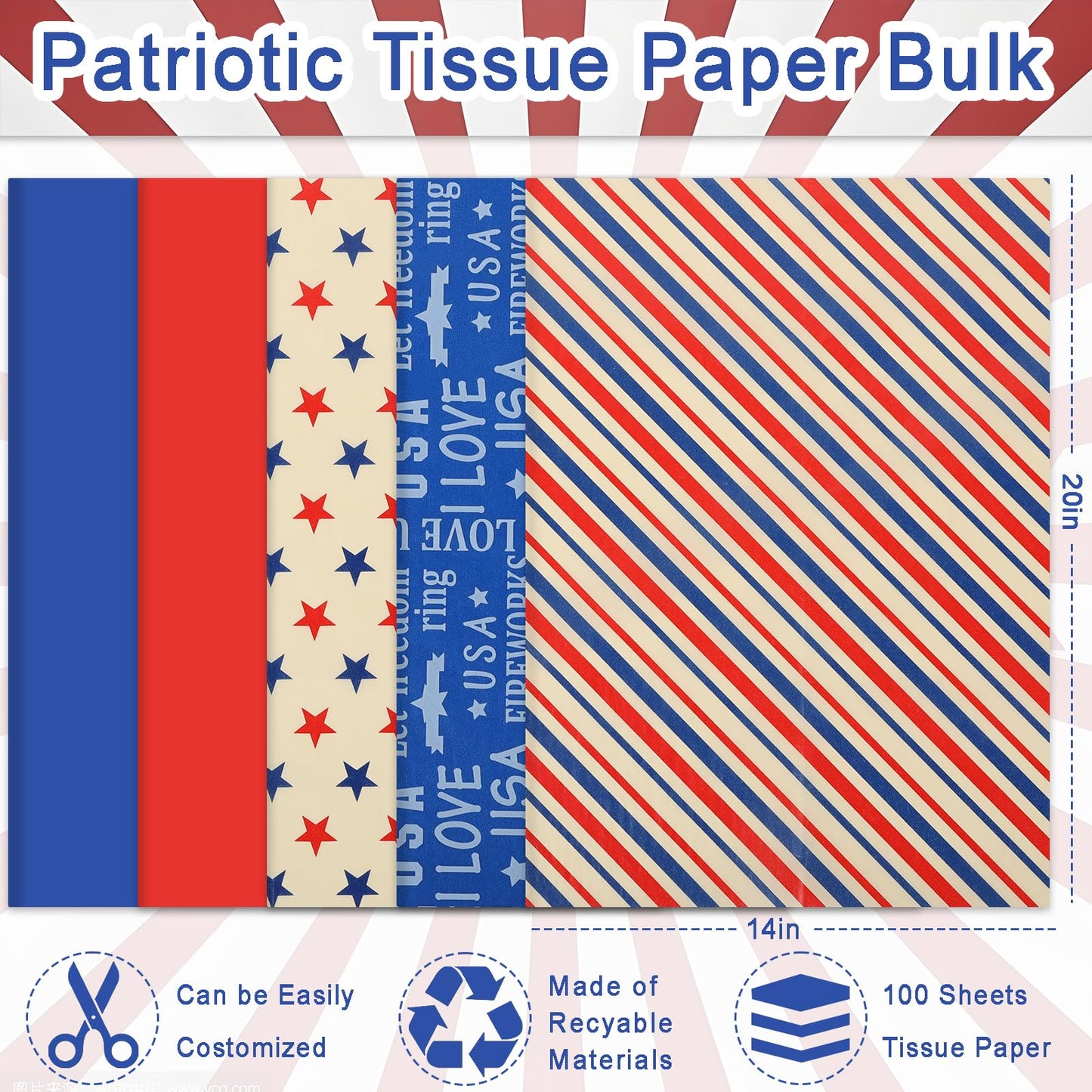 100 Sheet Retro Patriotic Tissue Paper, 5 Styles Stars Stripes Patterns Patriotic Art Tissue Paper for Veterans Day DIY Crafts 4th of July American National Day Party Supplies, 13.8 x 19.7‘’