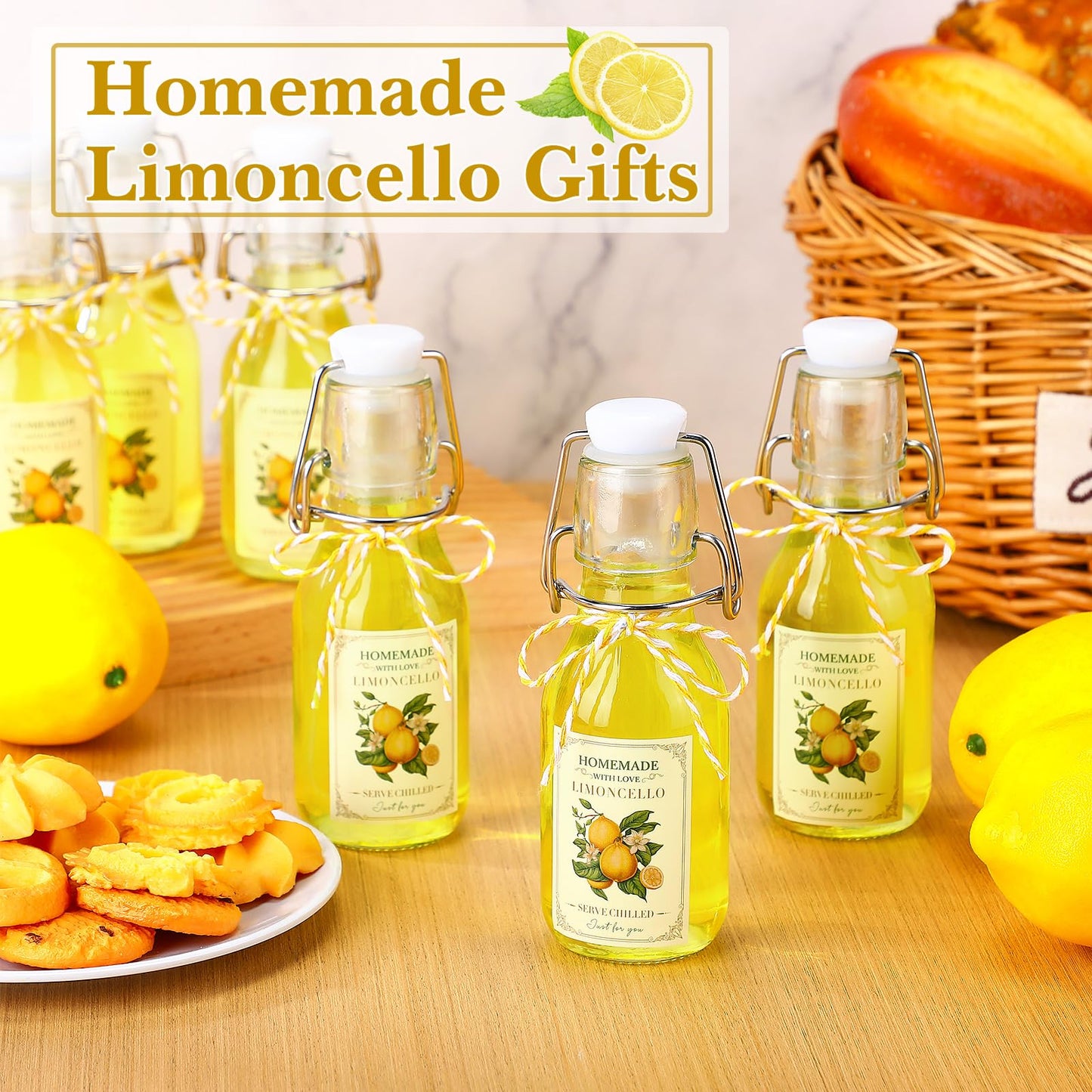 Havawish 20 Sets 4 oz Limoncello Bottles Swing Top Glass Bottles for Homemade Clear Flip Top Mini Limoncello Bottle with Labels Airtight Cap Lids for Home Brewing Gifts Wedding Baby Shower Favors