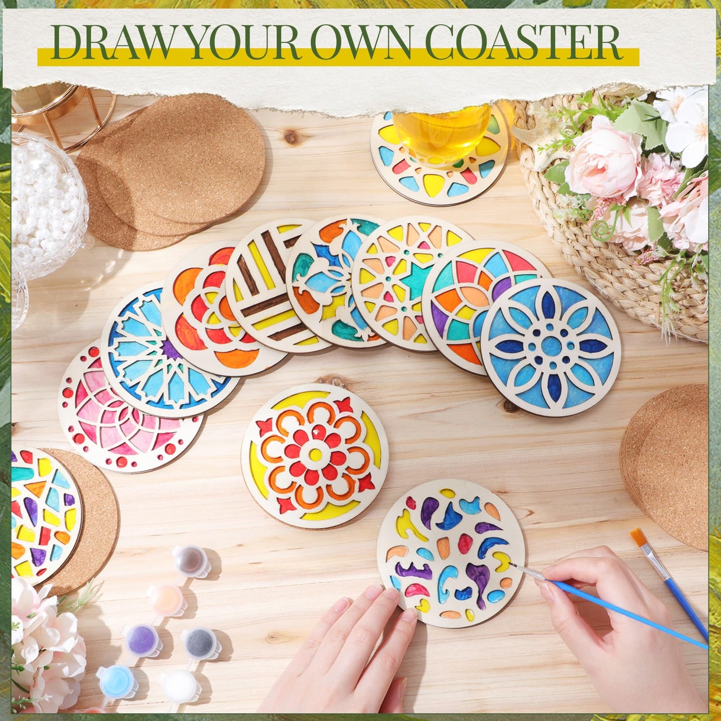 Reallnaive Wood Coasters Craft Kit Paint You Own Coaster Wooden Painting Craft Kits for Adults and Beginners DIY Coasters Kit Mandala Painting Crafts Art Supplies(12 Pcs,Mandala)