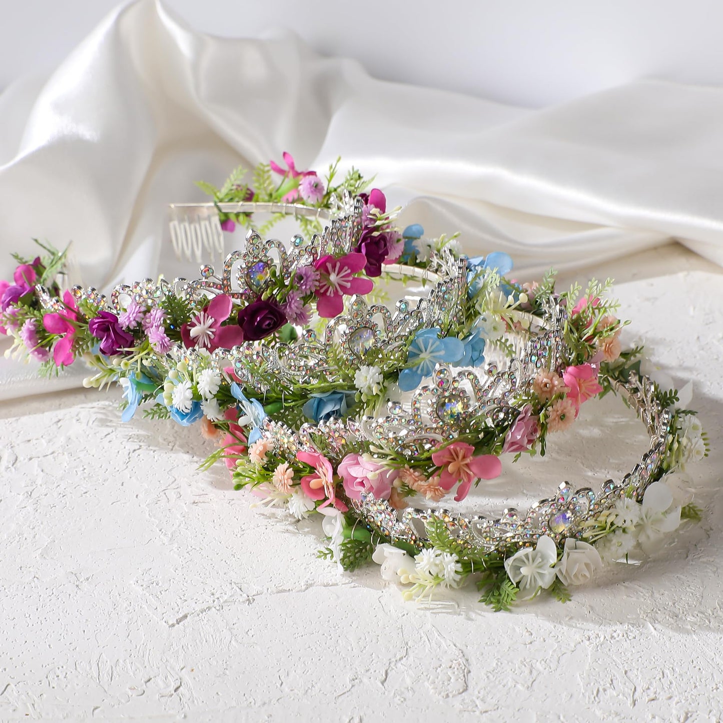 KorViSHOW Pink Flower Crown Headband, Fairy Princess Floral Headpiece, Bridal Flower Tiaras for Women Girls Maternity Birthday Wedding Renaissance Festival Party Hair Accessories