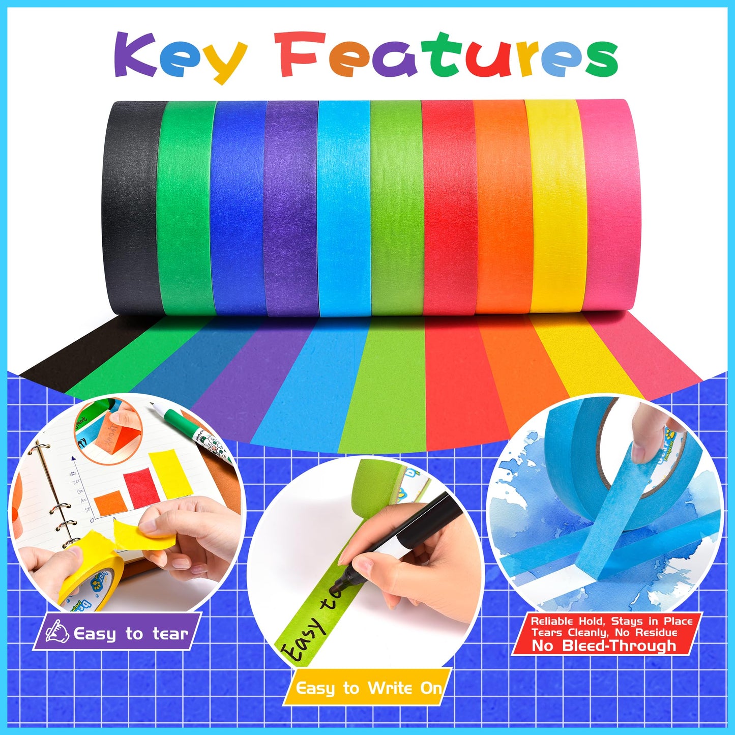 BEAR FOOTPRINT 10 Rolls Colored Masking Tape Set, Writeable Painters Tape Refills, 1 Inch Wide, 300 Yards Total, Easy to Remove & Leaves No Residue, Ideal for Arts and Crafts & School Supplies