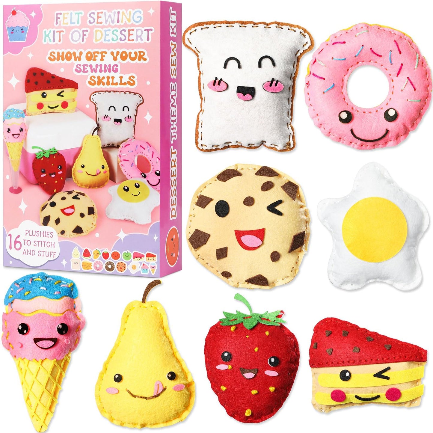 ZOIIWA 16 Sets Food Themed Sewing Kit for Kids Fun Craft for Boy Girl Age Felt Fruit Plush Craft Kit Learn to Sew Educational Beginners Sewing Stuffed Ornament for Back to School Birthday Party Gift