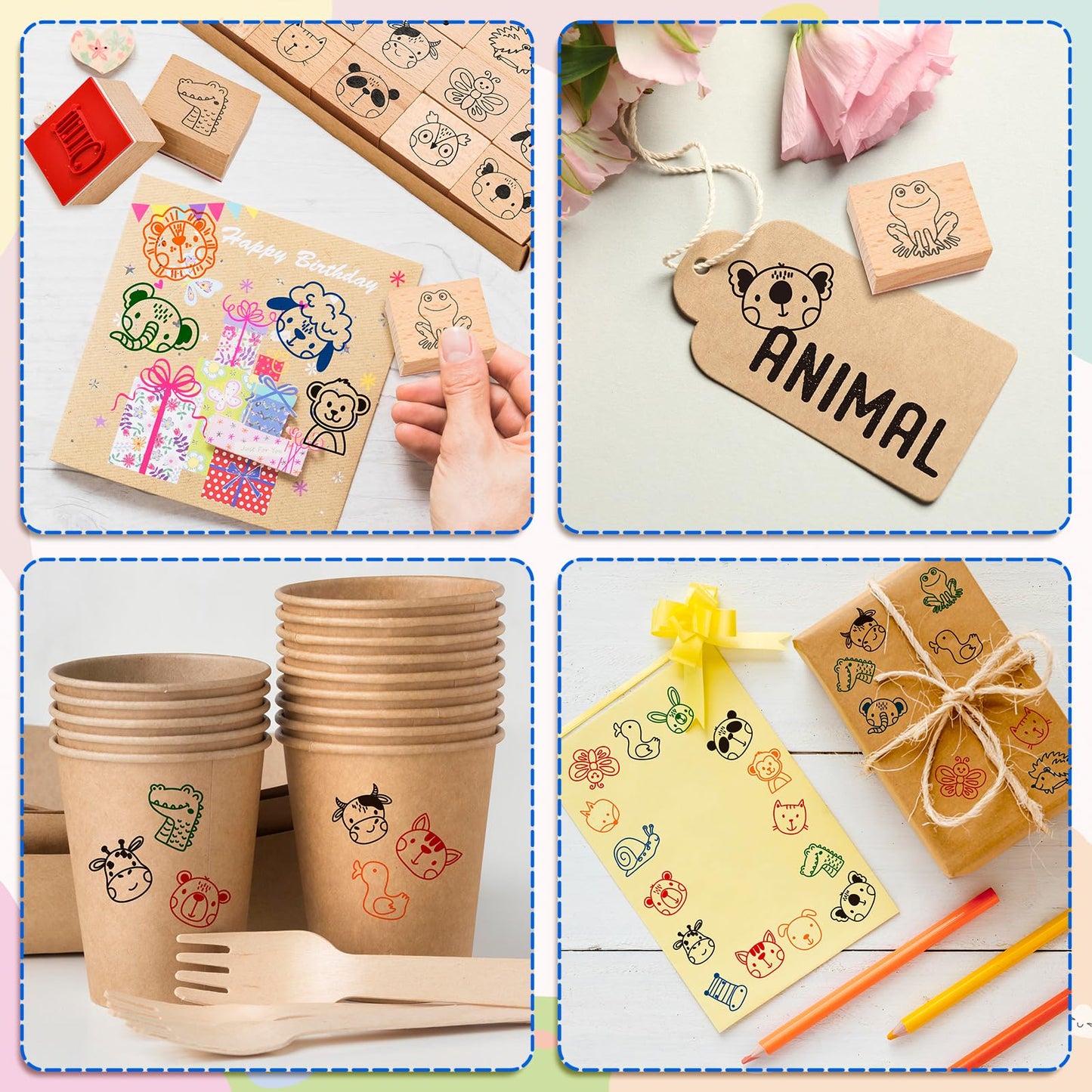 Whaline 29 Pcs Cartoon Animal Wooden Rubber Stamps with Ink Pads Cute Cartoon Pattern DIY Craft Stamps for Party Decor Scrapbooking Cards Making