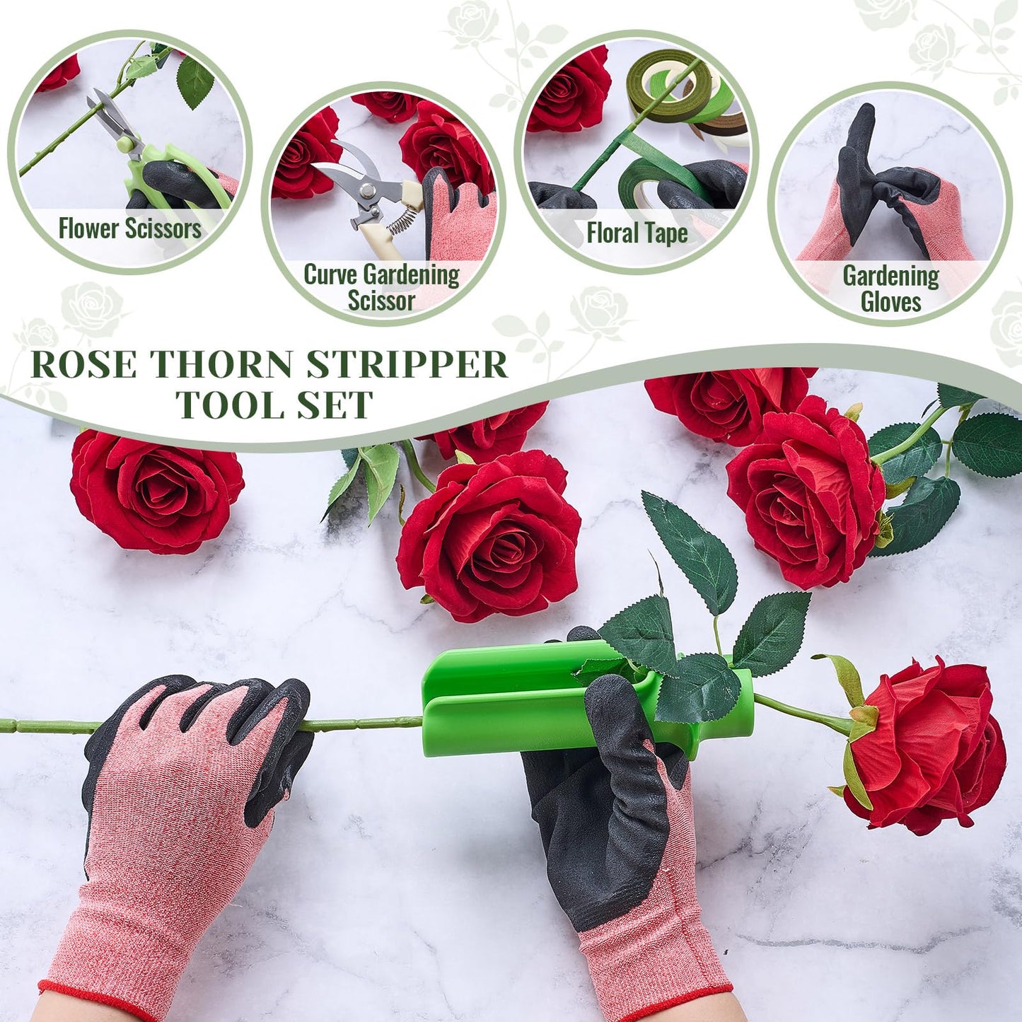 9 Pcs Rose Thorn Remover Set Include 1 Flower Thorn Stripper Tool 5 Floral Tape 1 Flower Scissor 1 Curve Gardening Scissors 1 Pair Gardening Gloves for Valentine Women Mother Gift (Green)