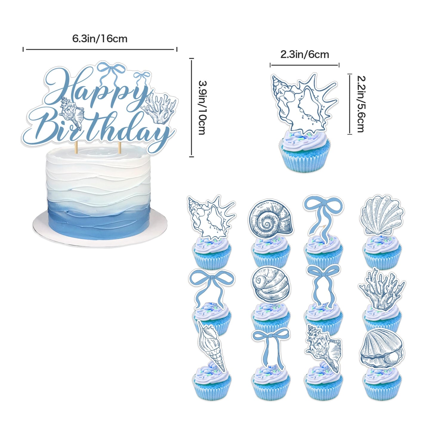 Blue Bow Starfish and Seashell Garland Ocean Coastal Nautical Beach Party Under The Sea Paper Bow Hanging Banner Cake Cupcake Toppers and Balloons for Summer Birthday Wedding Baby Shower Decro