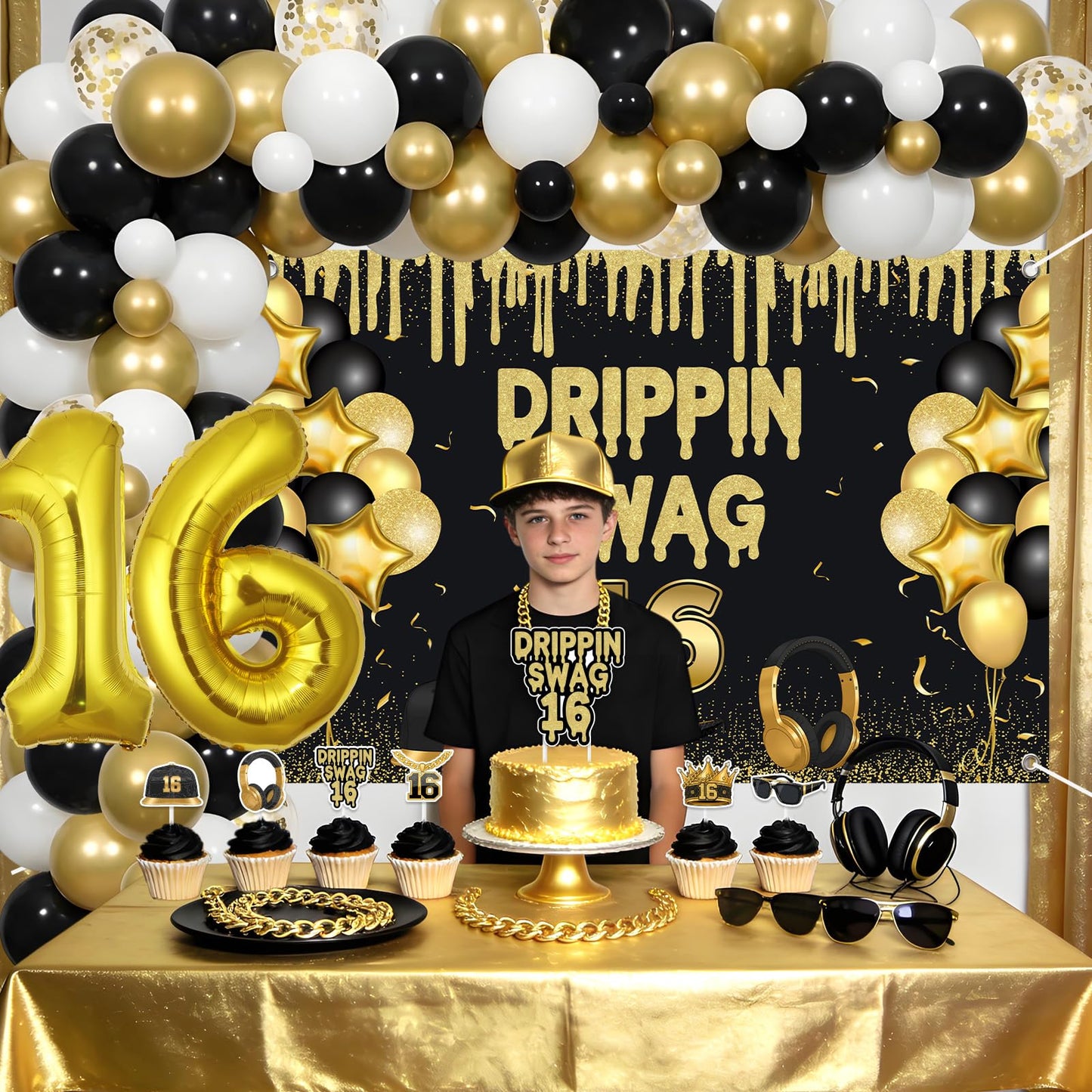 Jollyboom Drippin Swag 16 Birthday Decorations for Boys, Black and Gold 16th Birthday Backdrop Balloon Garland Kit with Banner Cake Topper Cupcake Toppers Number 16 Balloon for Boy Party Photo Wall