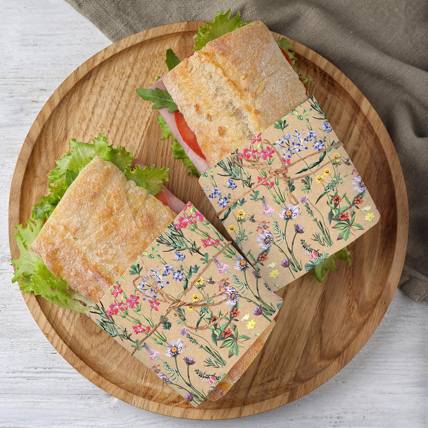 JarThenaAMCS 200 Pcs Wildflower Wax Paper Brown Spring Floral Waterproof Oil-Proof Deli Food Wrap Sheets for Sandwich Picnic Basket Liners Wrappers Home Kitchen Party Supplies 9.8 x 8.3 Inch