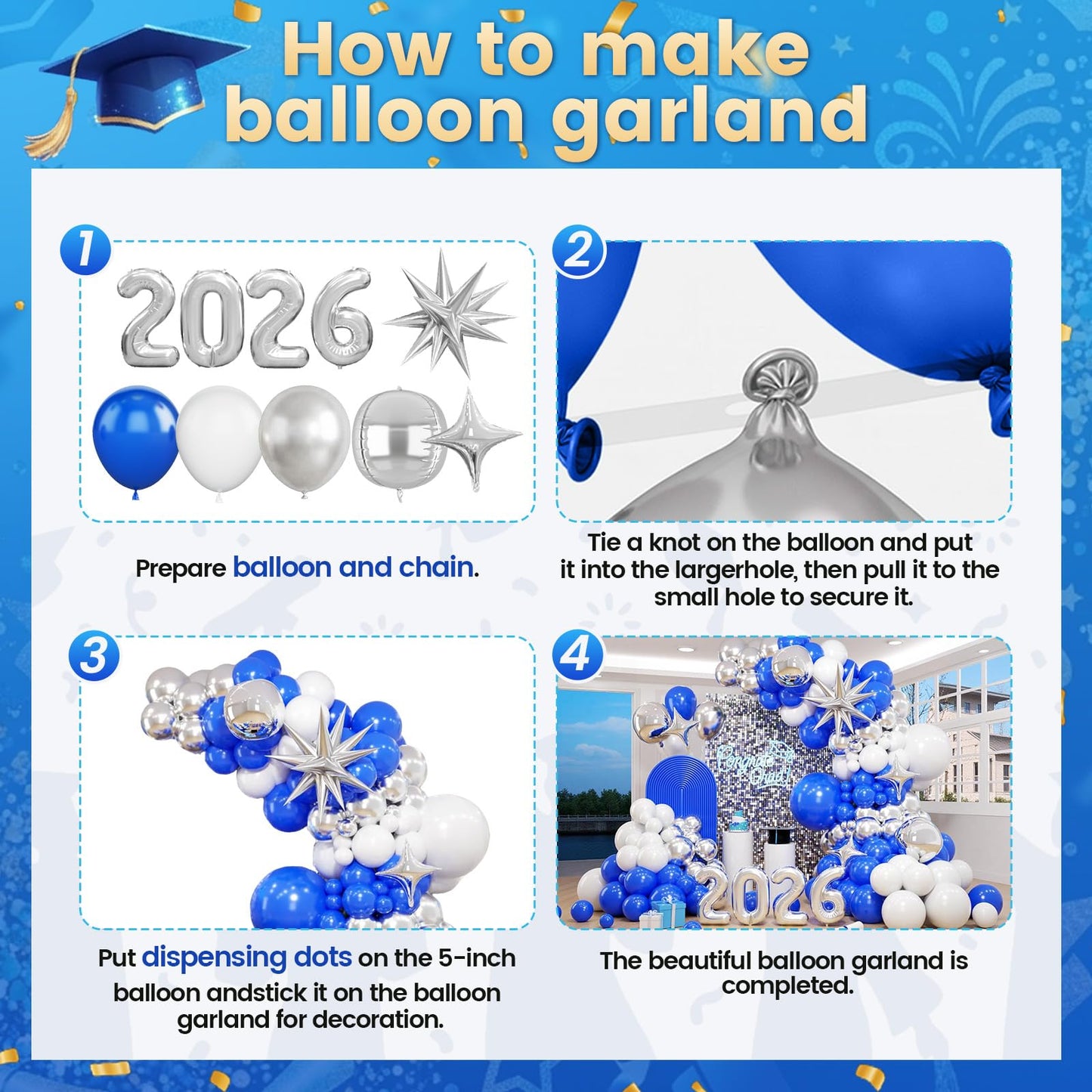 Blue Silver White Balloons Arch Kit, Blue White Balloon Arch with 4D Silver Star Graduation 2026 Foil Balloon Banner, Royal Metallic Balloons for Class of 2026 Graduation Decoration Birthday Party