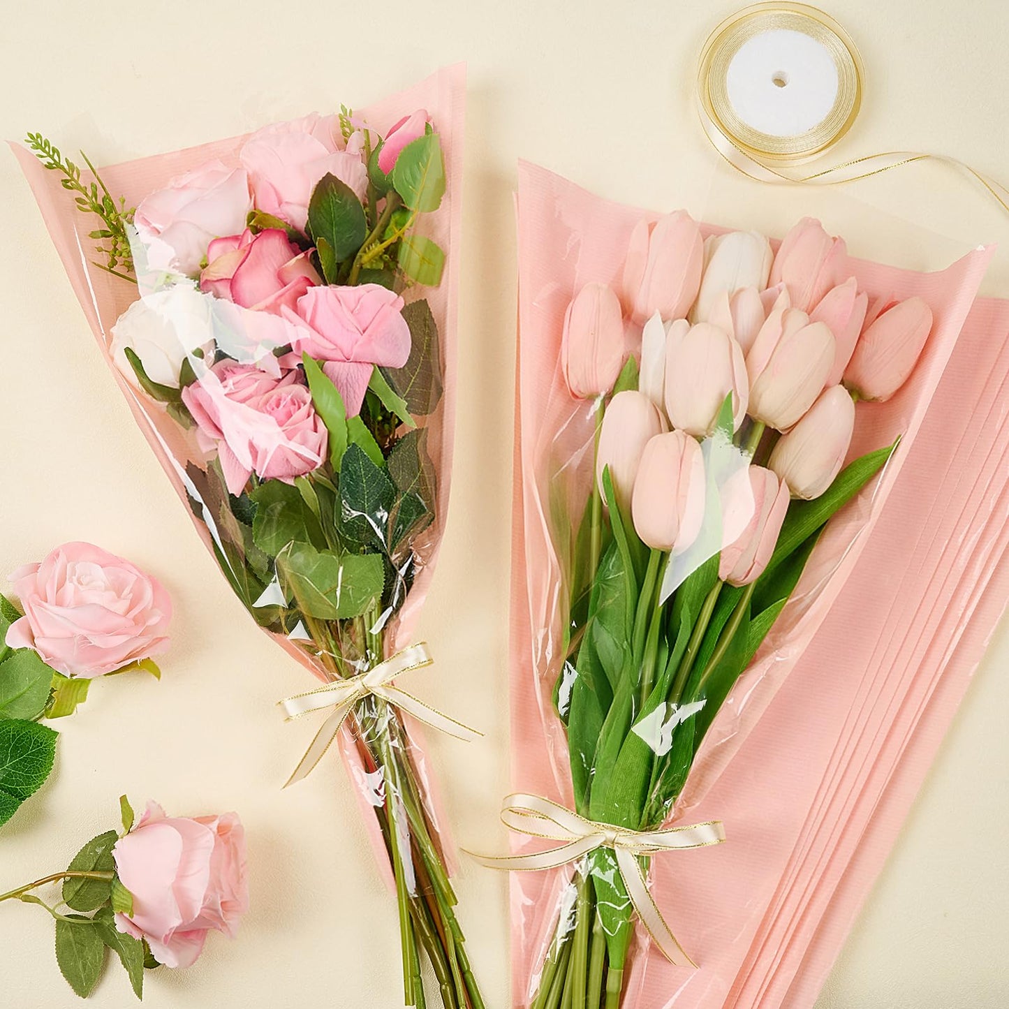Mauproy 50 Pack Pink Flower Bags for Bouquets, Flower Wrapping Bags Kraft Floral Wrap Sleeves with Ribbons for Graduation Wedding Florist Supplies (18 x 12 Inches)