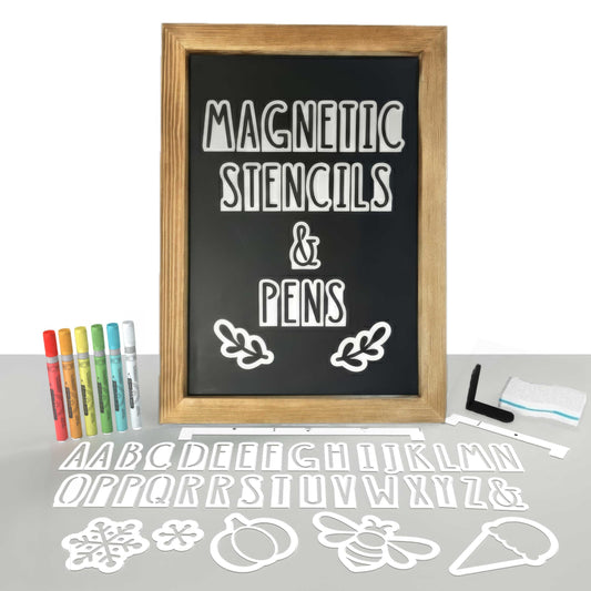 Magnetic Chalkboard Sign Kit - 12x17 Framed Hanging or Tabletop Chalk Board with Easel Stand, Acrylic Markers, Design & Letter Stencils for Chalkboard Art, Kitchen Countertop Menu (Rustic Wood)