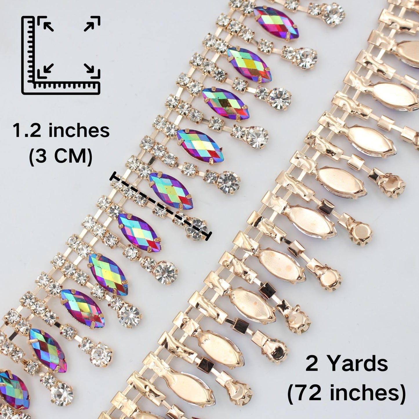 PEARLY JUN 2 Yards Rhinestone Trim Chain Crystal AB Gold Fringe Sewing Dress DIY Party Wedding Bouquet for Decoration Bridal Costume Embellishment Clothing Accessories