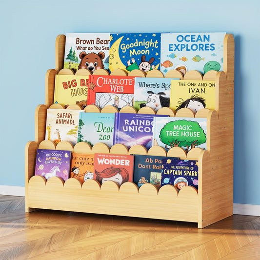 SpaceAid 4-Tier Scalloped Bookshelf, Montessori Bookcase for Toddlers, Wooden Book Shelf Organizer Display Furniture for Kids Rooms, Playroom, Nursery and Classroom, 29.6“ Wide, Natural
