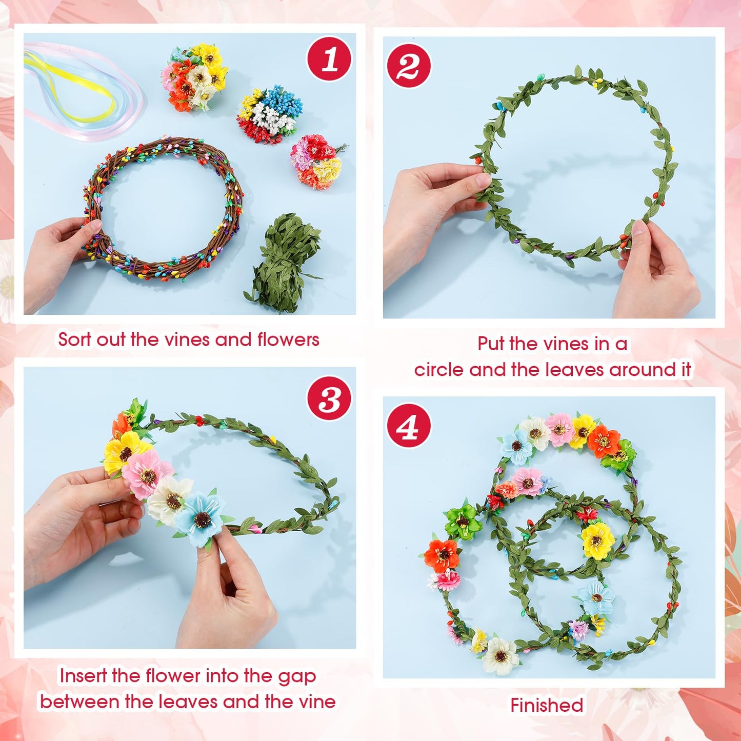 Suncalla 30 Sets Flower Crowns Making Kit, Make Your Own Flower Crown Wreath Garland Headbands and Bracelets Craft Kit Handmade DIY Floral Hair Accessories Gift for Women (Hibiscus)