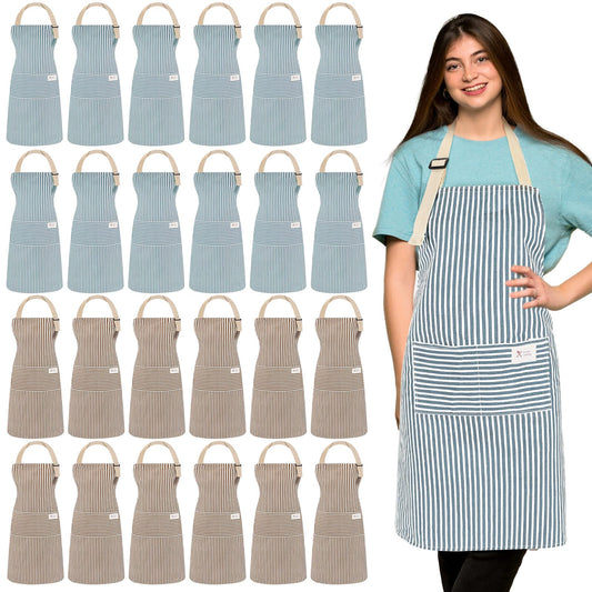 Janmercy 24 Pcs Aprons for Women Men with 2 Pockets Linen Cooking Kitchen Apron Adjustable Bib Chef Apron Bulk Aprons Unisex(Brown/blue,Thin Stripes)
