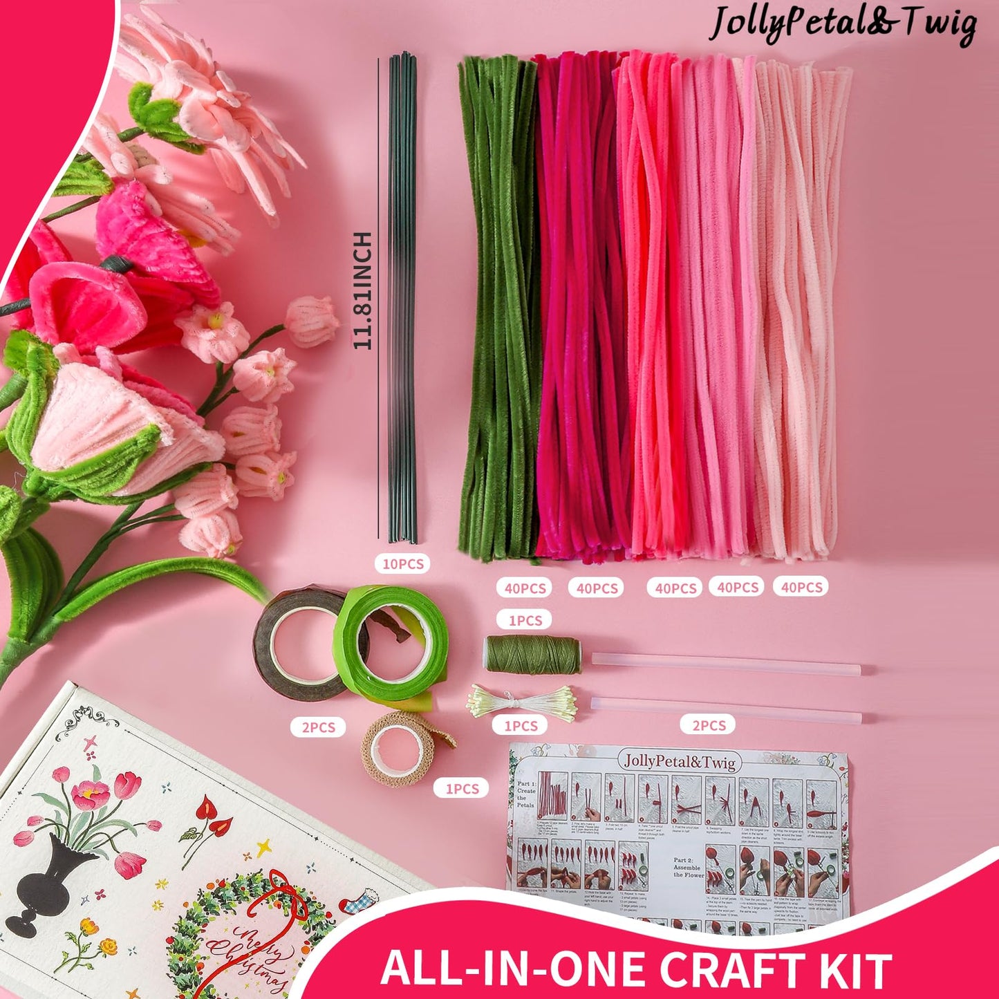 JollyPetal&Twig Pipe Cleaners Craft 5 Colors,Chenille Stems Plush Craft Kit,Pink Pipe Cleaners Flowers Kit with Floral Tape for Wedding Gifts Graduation Bouquet (Pink)