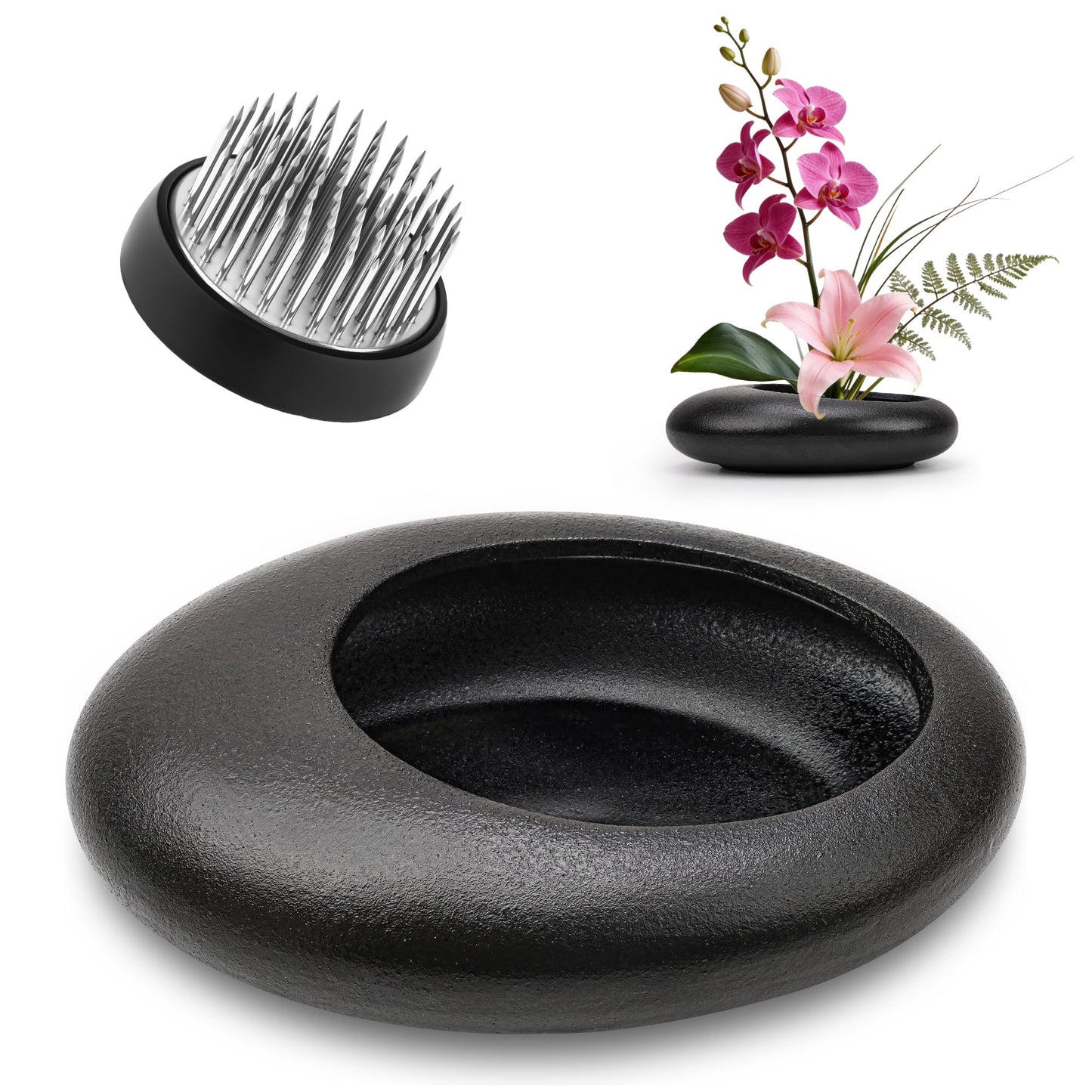 Vhxmaizxn Flower Frog Vase Kit Ikebana Vase with 1.57 Inch Kenzan Japanese Black Ceramic Pebble Shaped Bowl for Flower Arrangement Tool DIY Table Centerpiece Home Decor