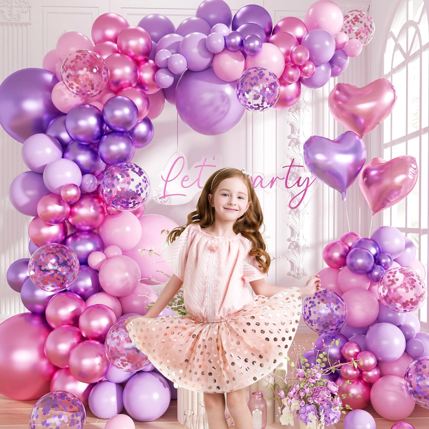 Pink Purple Balloon Garland Arch Kit,160Pcs Metallic Purple Magenta Balloons Pink and Purple Confetti Balloons with Heart Foil Balloon for Girl Birthday Bridal Baby Shower Party Decoration