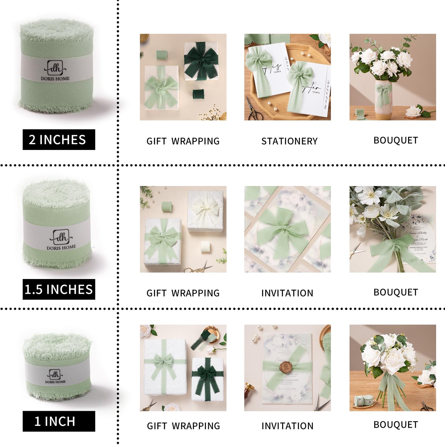 DORIS HOME Sage Green Chiffon Ribbon for Flower Bouquet, 1" x21Yd Fabric Ribbon for Gift Wrapping, Handmade Frayed Ribbon for Wedding Invitations/Christmas Decorations