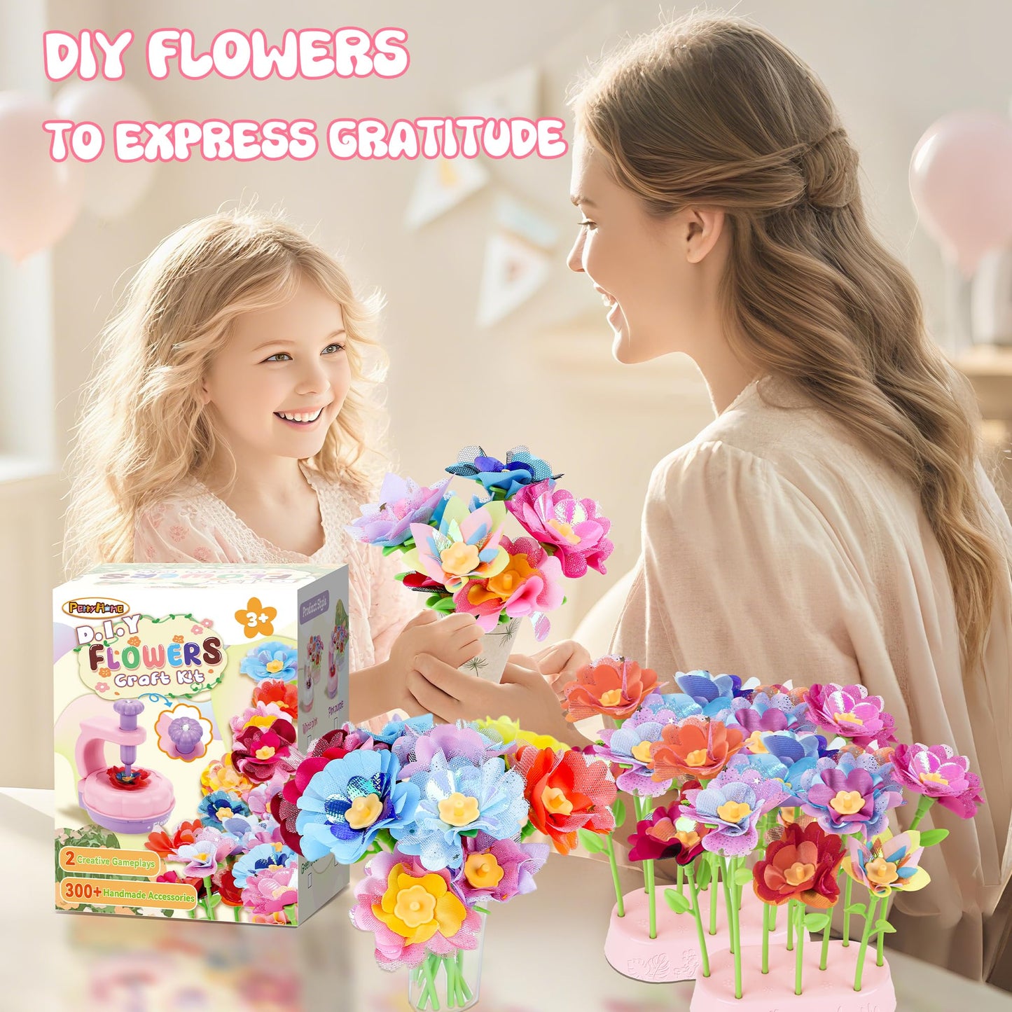 PERRYHOME Fabric Flower Bouquets Toys, 300+ Pcs Birthday Gift Activity Kit, 2 Gameplays STEM Craft for Kids, Reusable DIY Bouquets Maker Mothers Day Gifts for 3 4 5 6 7 8 Years Toddler Girl Gift