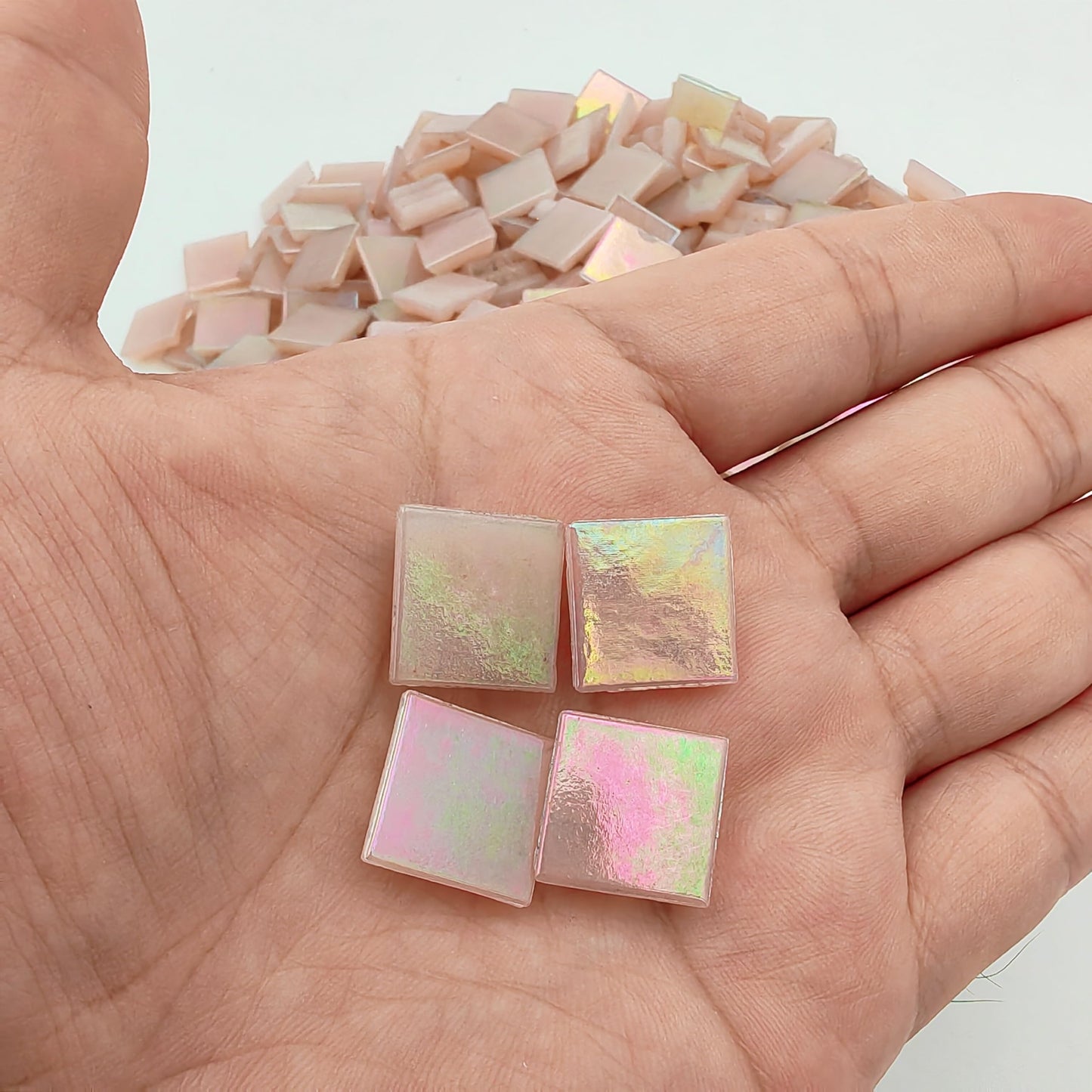 320PCS Square Iridescent Stained Glass Mosaic Tiles, 1.1LB Mosaic Tiles for DIY Crafts, 0.6" Bright Mosaic Glass Pieces for Art Craft and Home Decorations (Iridescent Light Pink F434, 0.6")